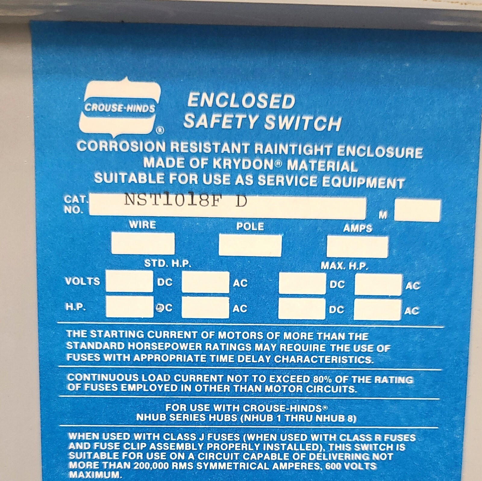 CROUSE HINDS NON-METALLIC 30 AMP ENCLOSED SAFETY SWITCH NST1018F D ~ TC3 Switch