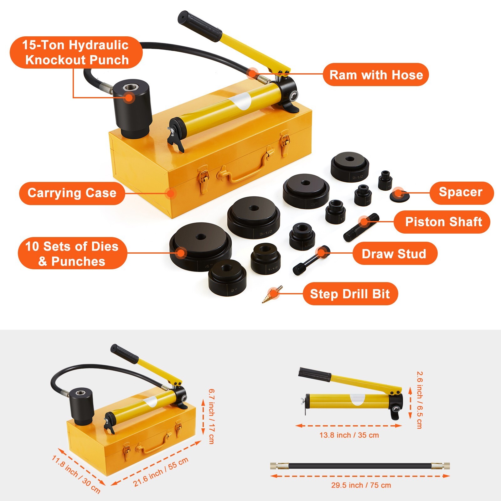 15 Ton Hydraulic Knockout Punch Driver Kit Hole Tool 1/2″-4″ with 10 Dies