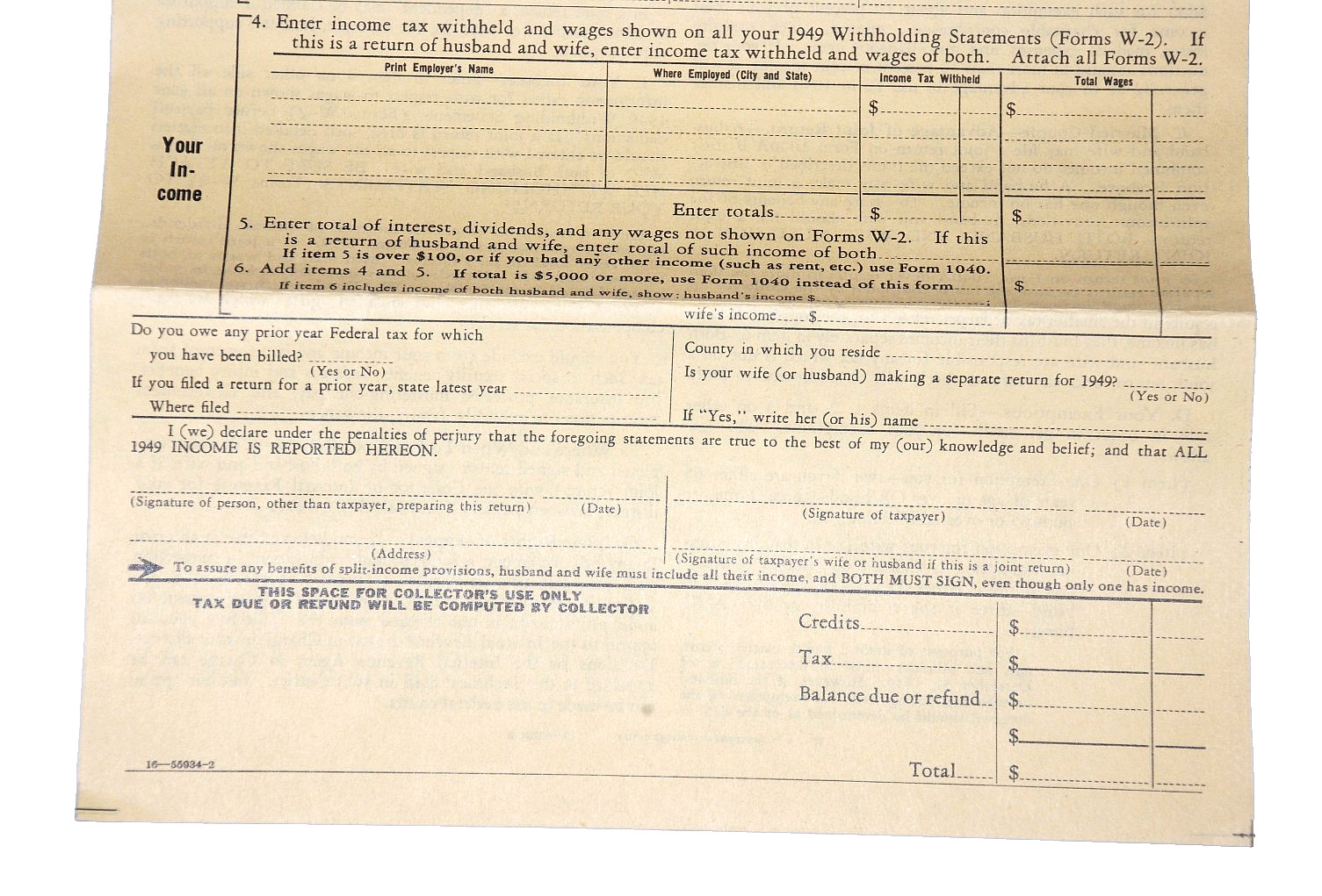 United States U.S. INDIVIDUAL INCOME TAX RETURN Form 1040A Unused IRS VTG 1949
