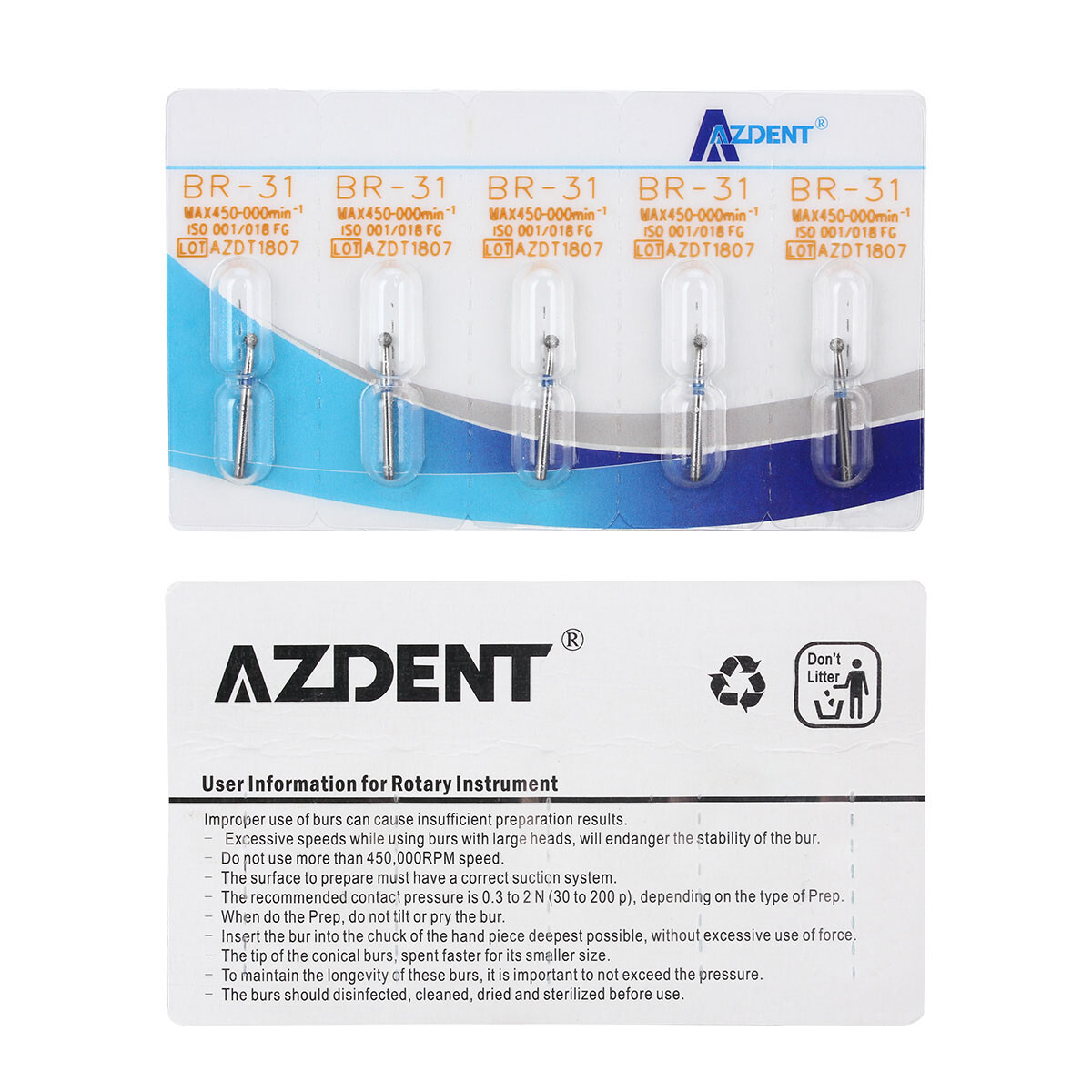 5PCS AZDENT Dental Diamond Burs Friction Grip For High Speed Handpiece Turbine