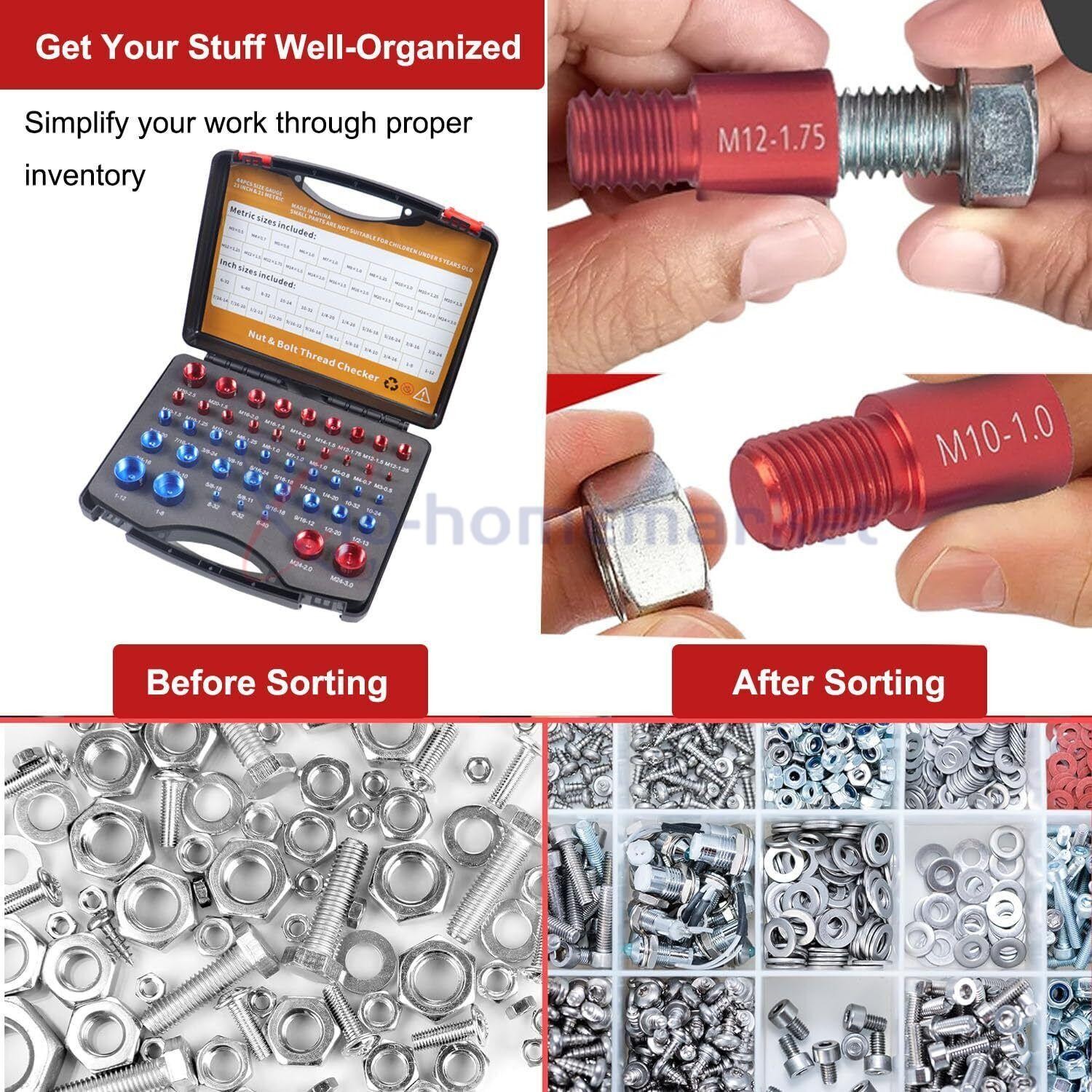 44pcs Inch & Metric Set Nut & Bolt Thread Checker Identifier Thread Gauges Box