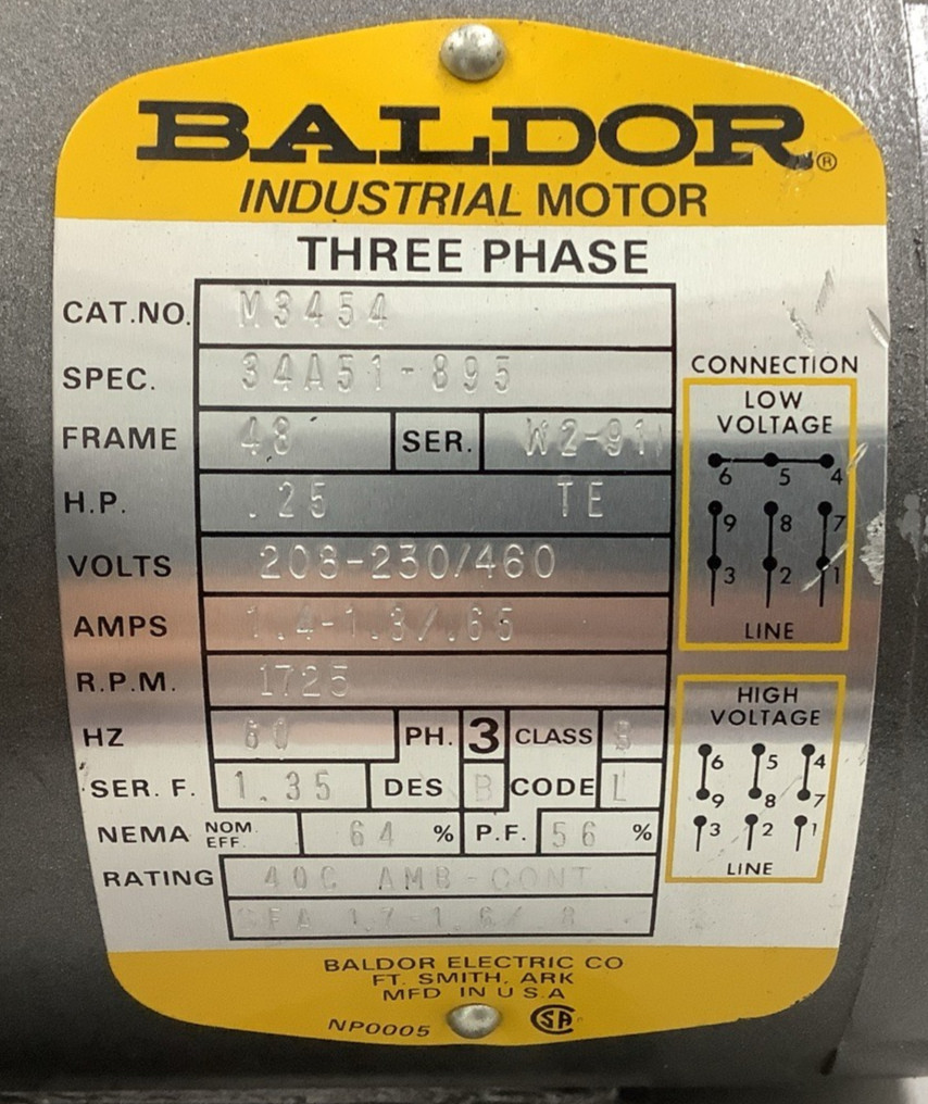 Baldor M3454 Industrial Motor 1/4HP 1725RPM 3-Ph 208-230/460V (R82)