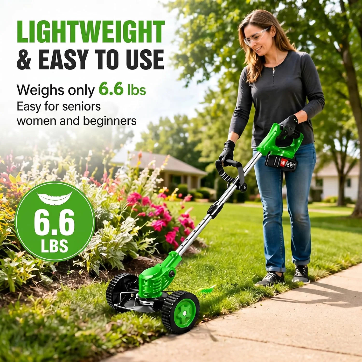 Cordless Weed Wacker with 2 Batteries, Lightweight 21V Weed Trimmer with Wheels,