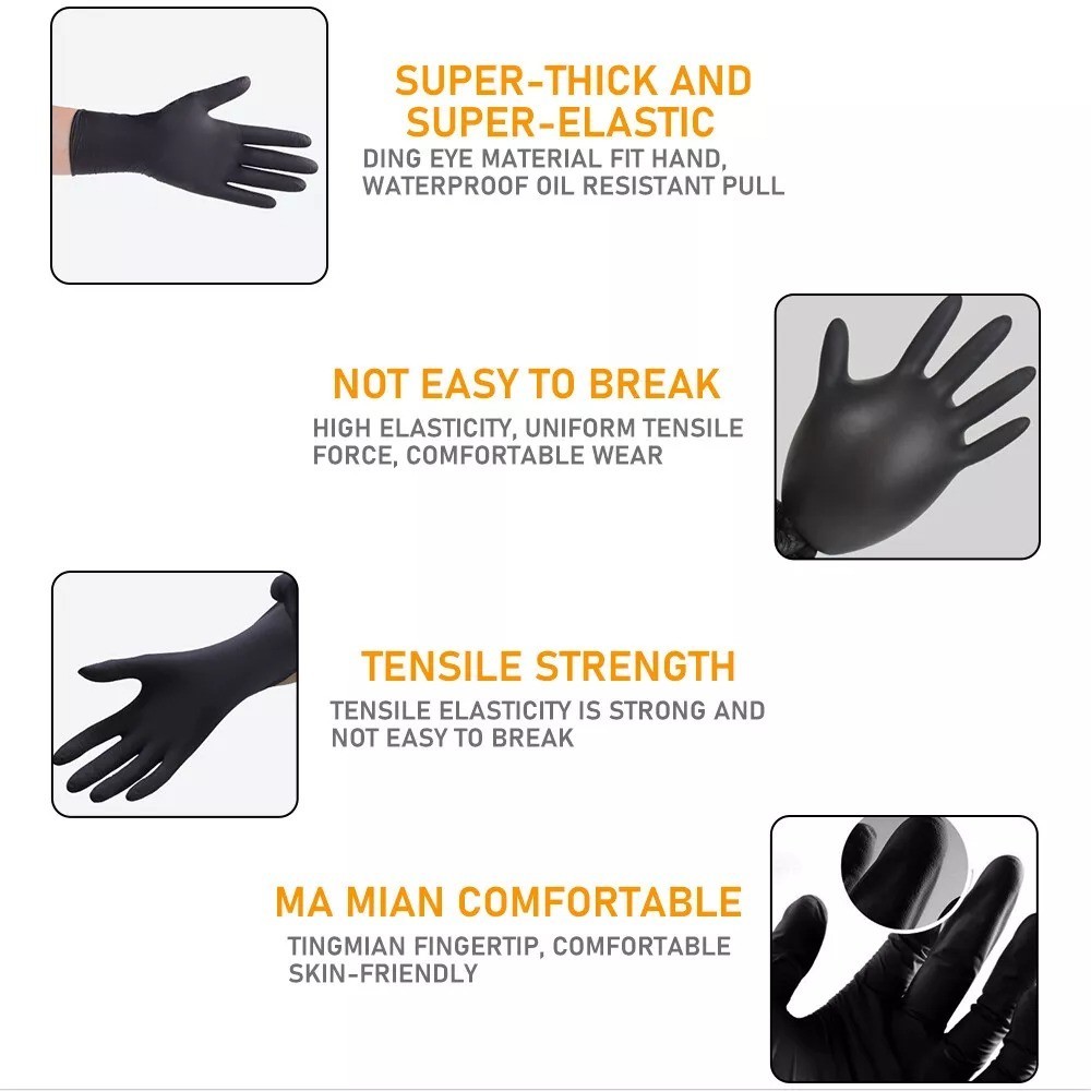 100X Black Nitrile Nitro Powder Free Disposable Gloves – Heavy Duty 6g Thickness