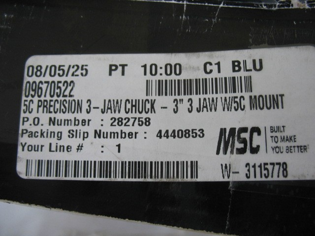 Precision Manual Lathe Chuck 3″, 3 Jaws, 5C Mount, Self-Centering 230-6003 -NEW-