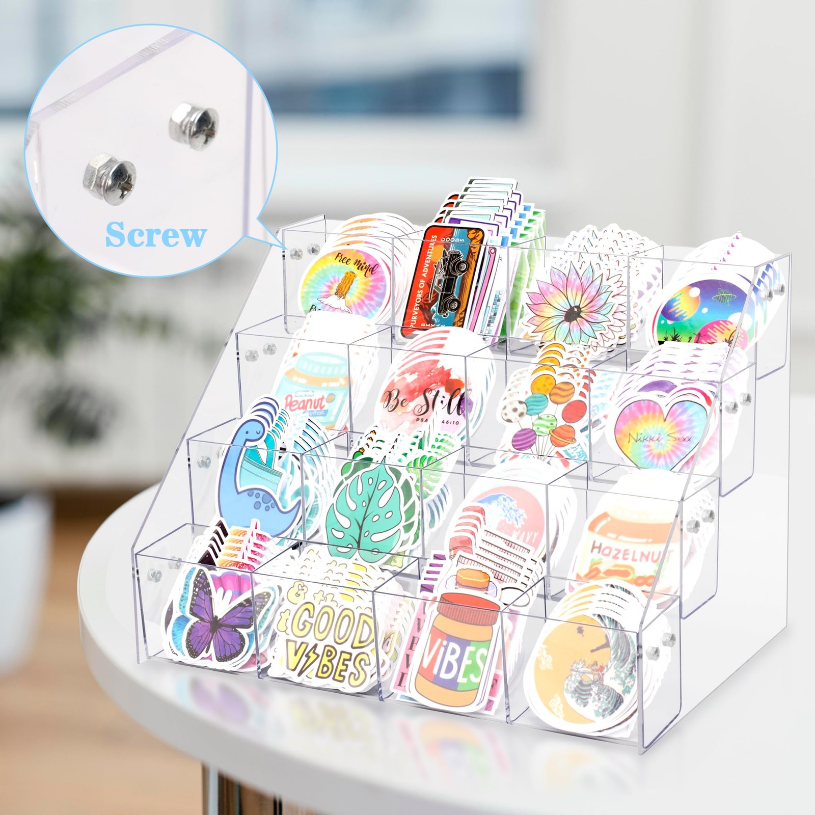 Sticker Display Stand for Vendors – 4 Tier 16 Pockets Acrylic Sticker Holder Dis