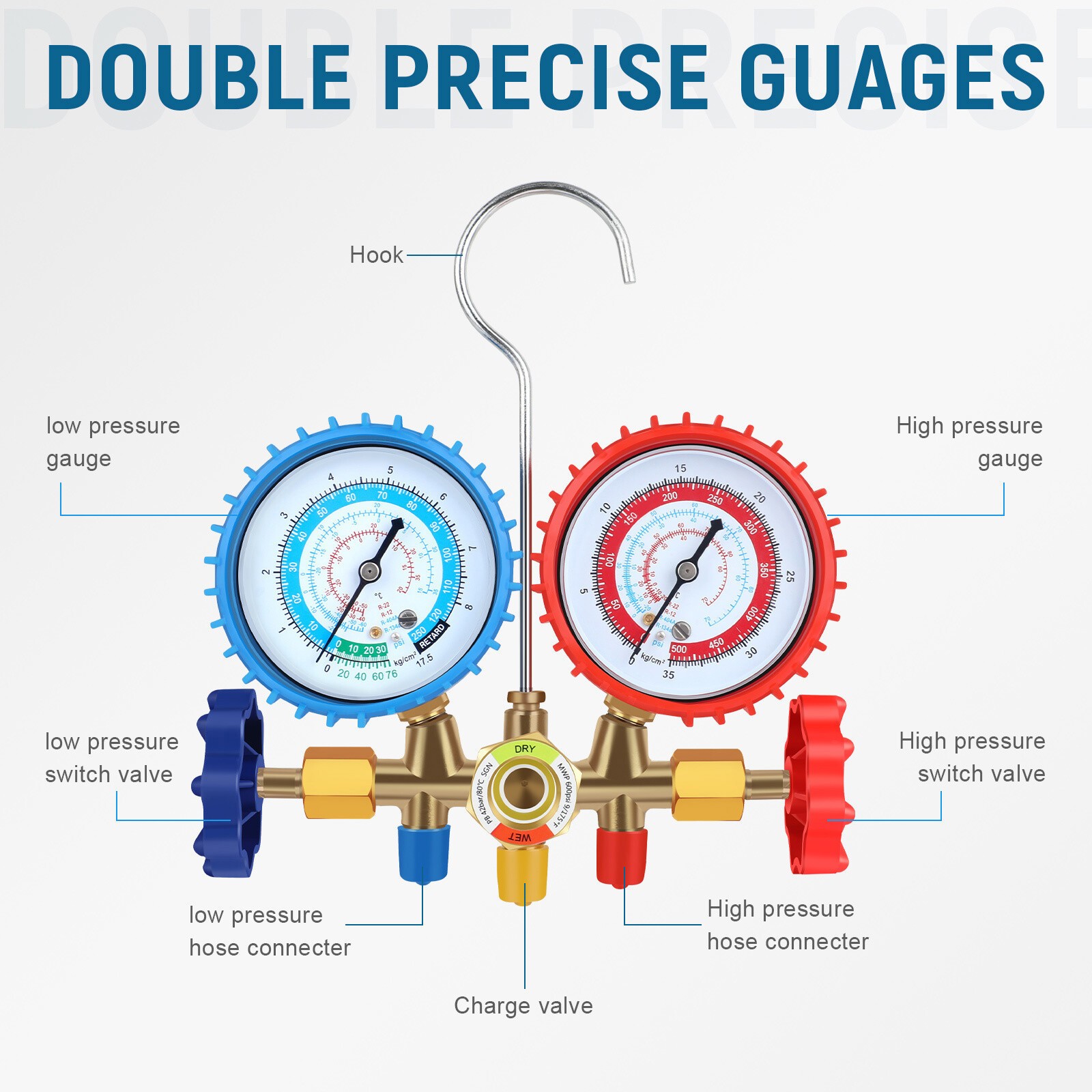 HVAC AC 3‑Way Manifold Gauge Set w/ 5ft Hoses R1234yf R404a R134a Refrigeration