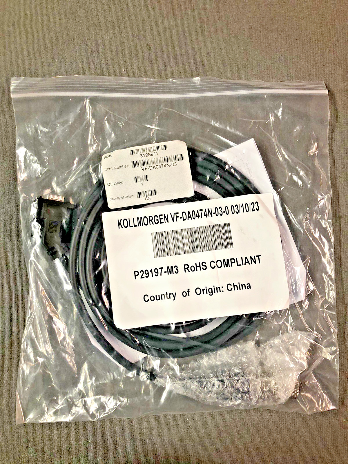 Kollmorgen VF-DA0474N-03-0 Encoder/Feedback Cable AKD/AKM/SFD 3m Long – Qty. 1