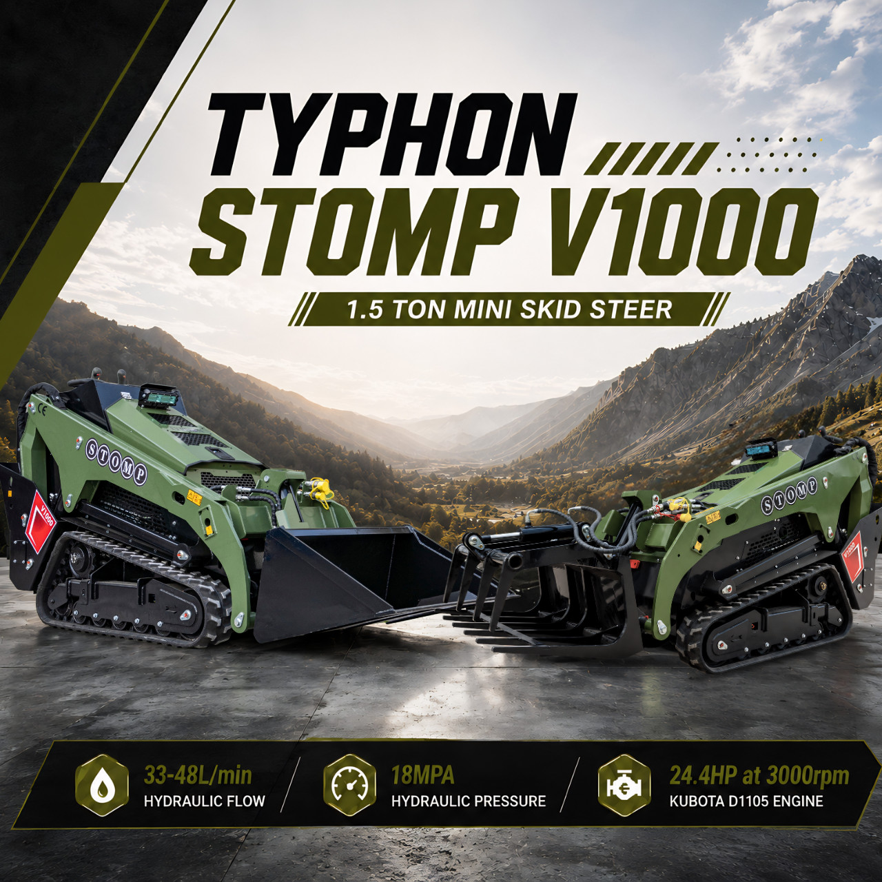TYPHON STOMP V1000 1.5Ton Skid Steer Loader Kubota D1105 w Grapple and Bucket