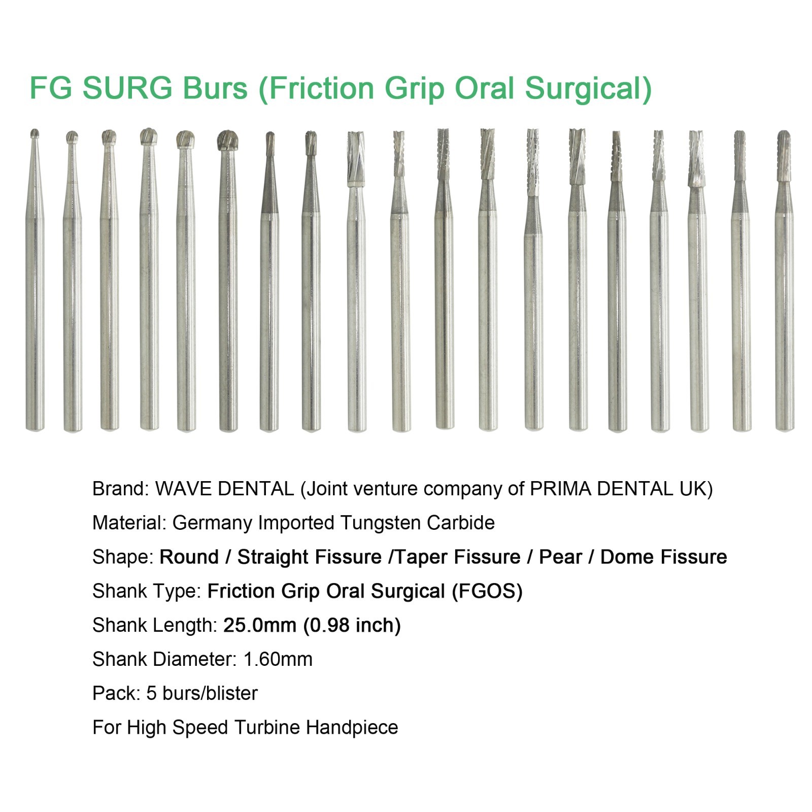 Wave Dental Surgical Burs 25mm Carbide Burs Friction Grip FG 19mm Round Pear 330