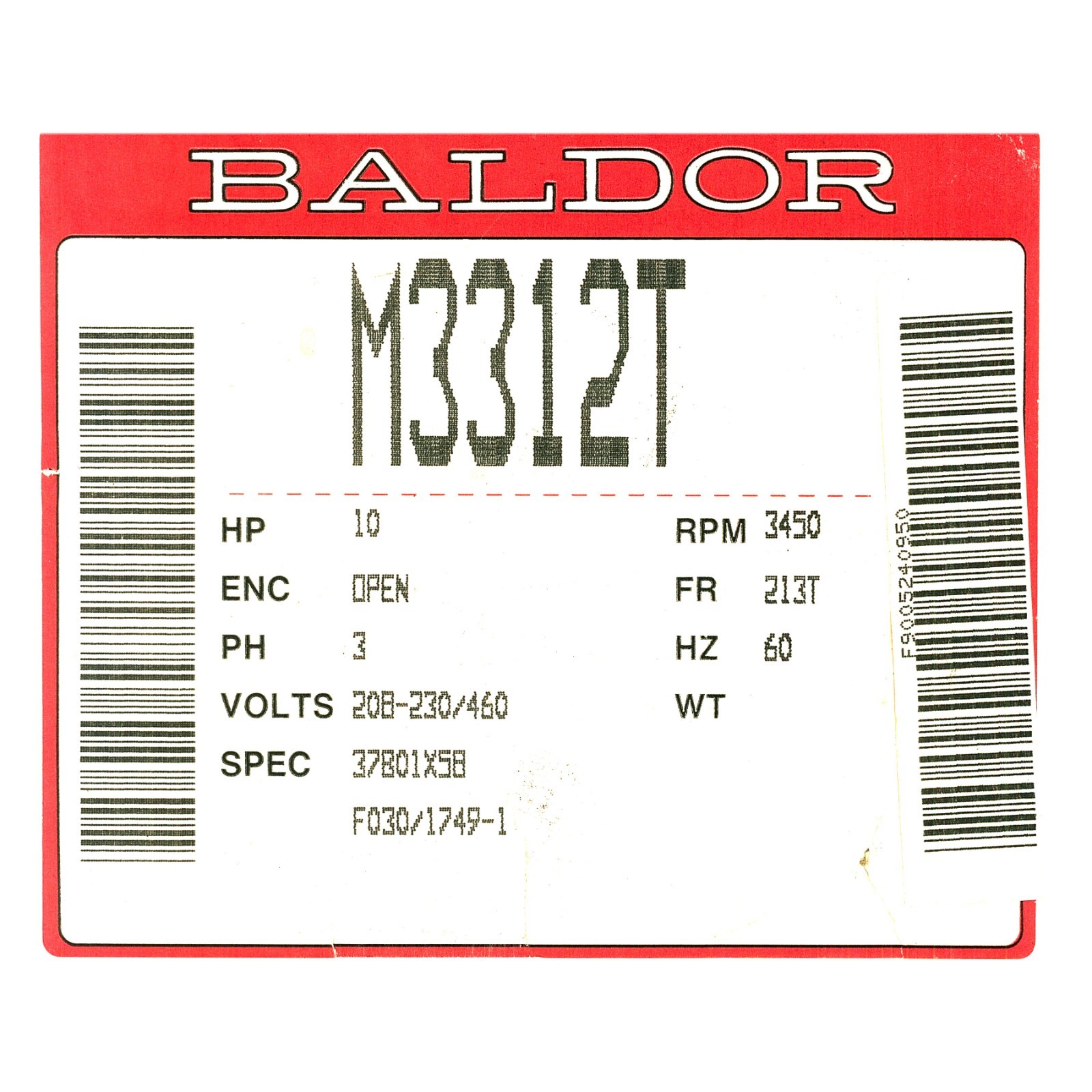 Baldor Three Phase Industrial Motor 10 HP 230/460V 3450 RPM M3312T