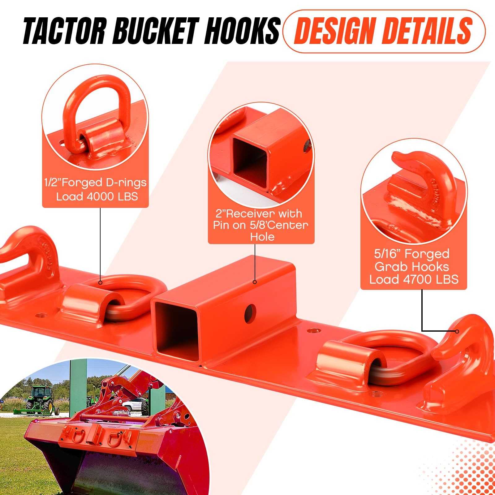Tractor Grab Hooks Bolt On Compact Tractor Bucket Hooks w/ D Rings & 2″ Receiver