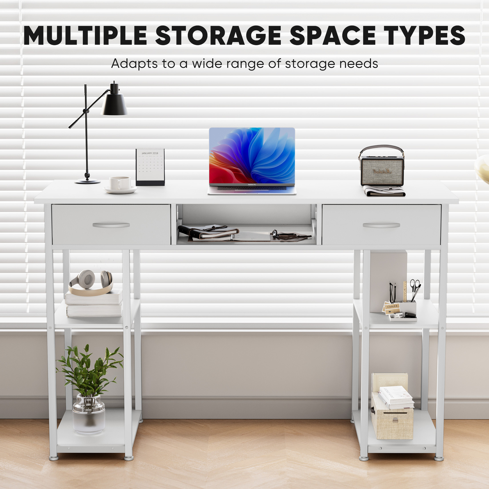 Computer Desk Home Office Table with PC Stand, Fabric Drawers Headphone Hook