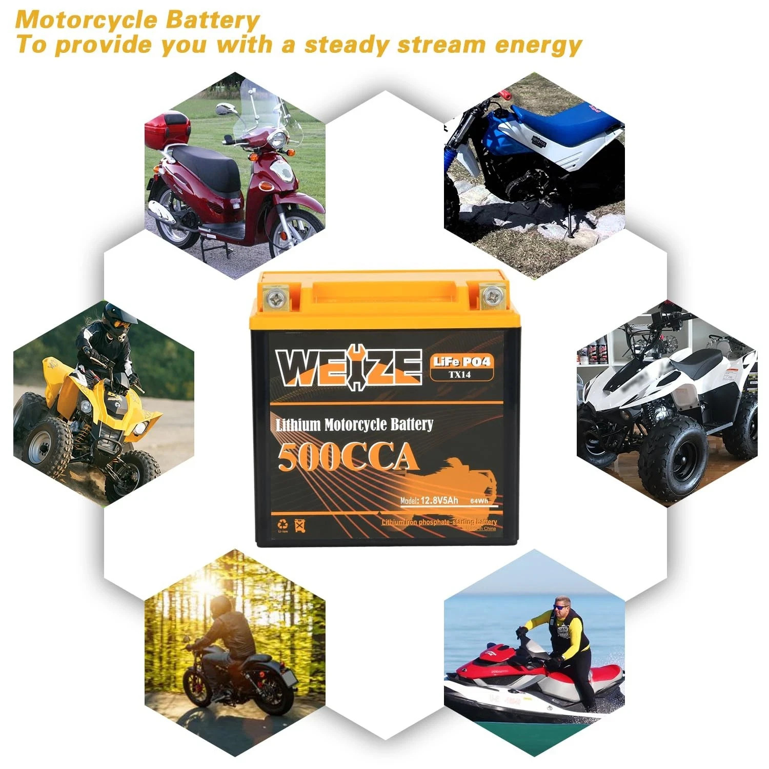 Weize Lithium YTX14-Bs Group 14 500CCA Life PO4 Motorcycle Battery 12V 5Ah ATV