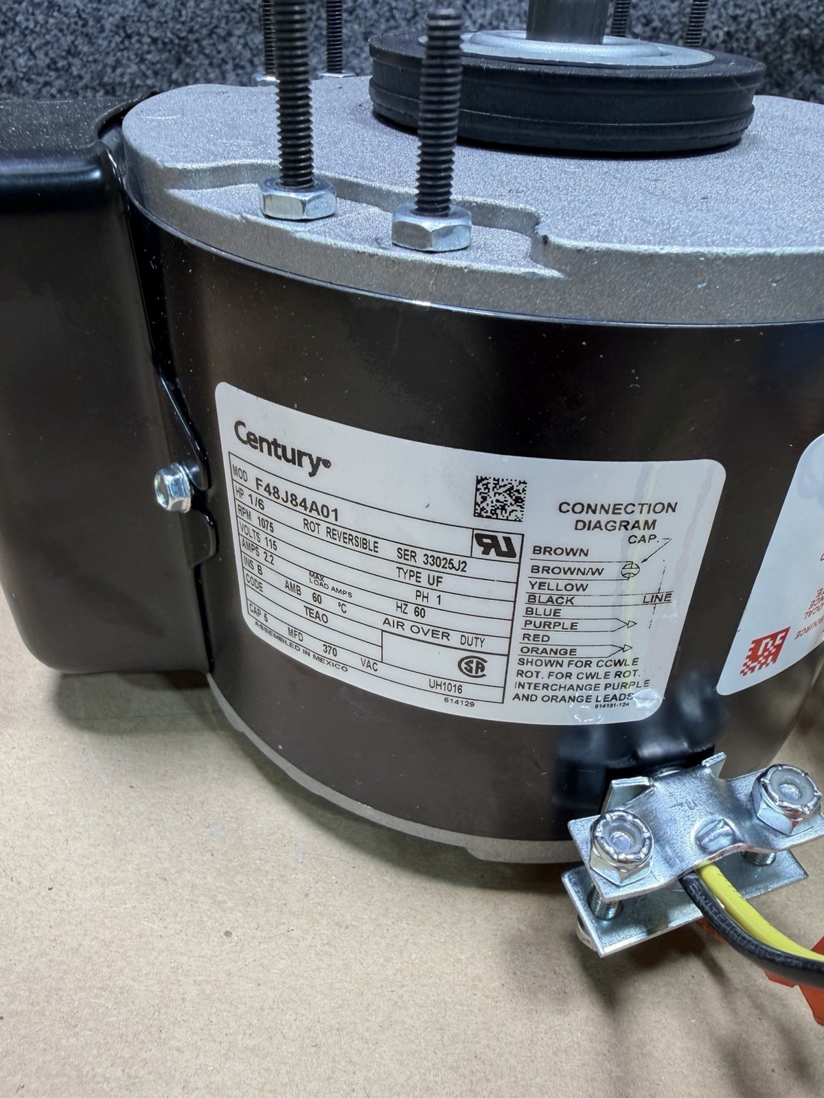 Century UH1016 F48J84A01 Direct Drive Blower Motor 115V, 1/6 HP, 1075 RPM