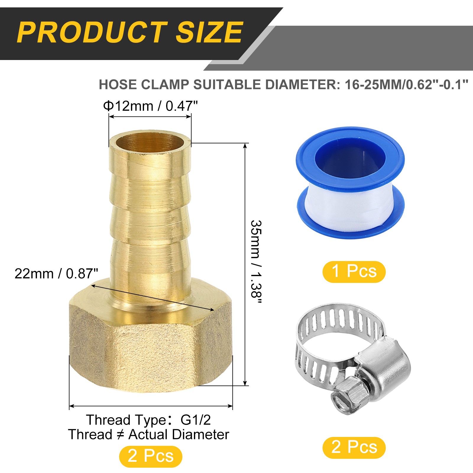 2Pcs Brass Hose Barb Fittings 1/2″ Barb x G1/2 Female Thread Hose Connector