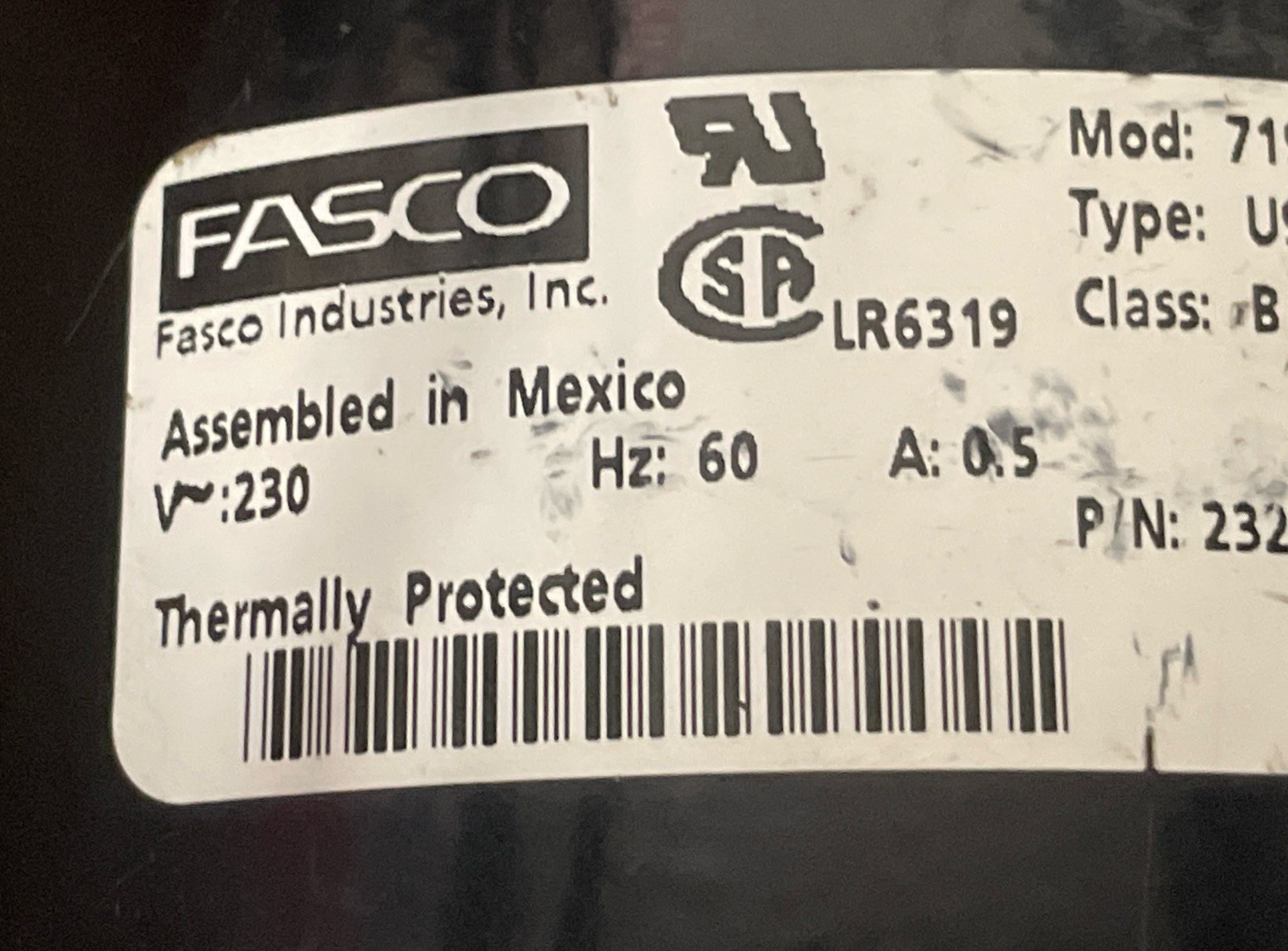 Fasco Type U90B1 Motor Fan 71902582 V230 Class B Mexico