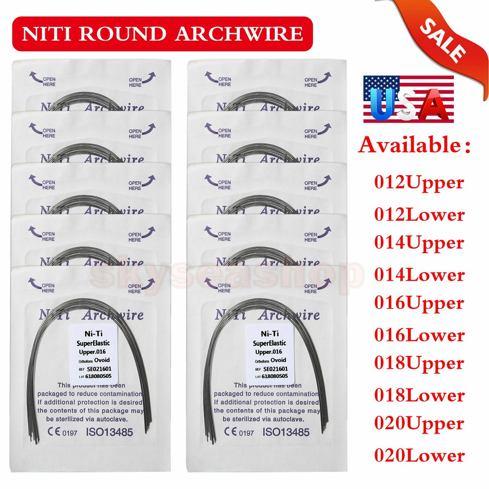 Dental Ortho Super Elastic Niti Round Arch Wire Ovoid 012-020 Upper / Lower all