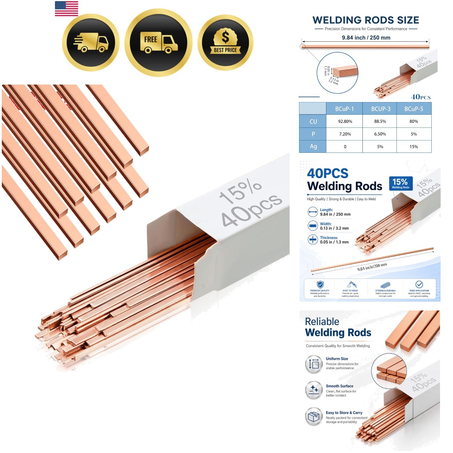 15% Silver Brazing Rods AWS BCuP-5 40 Sticks, Silver Solder Flat Welding Rods…
