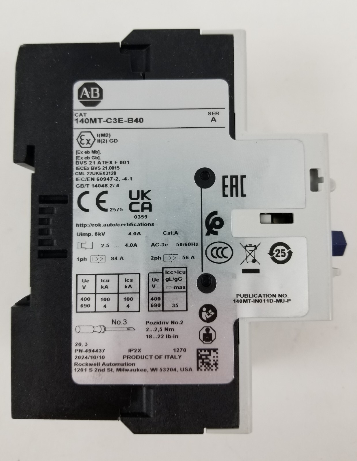 Allen-Bradley 140MT-C3E-B40 Motor Protection Circuit Breaker 2.5-4Amp NEW