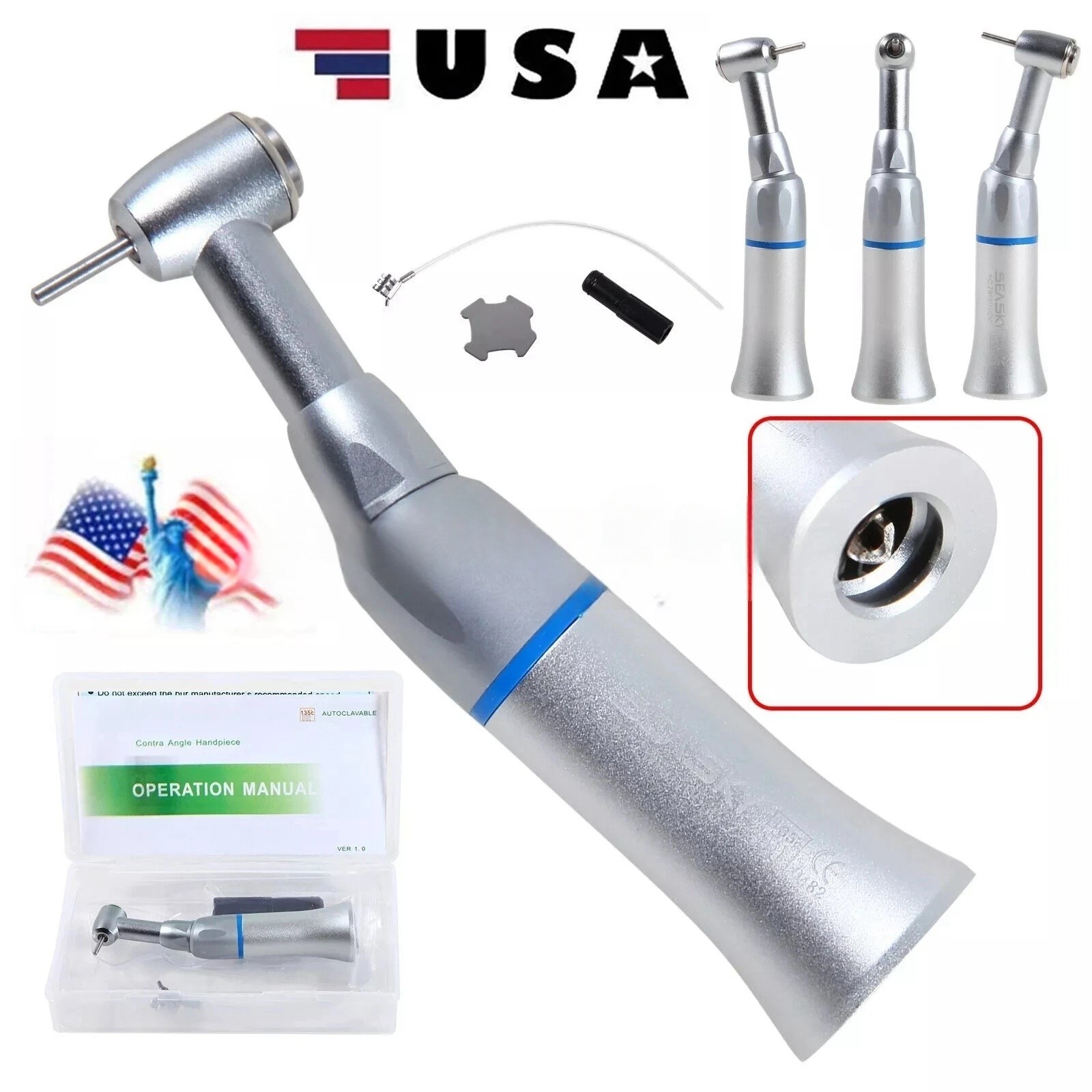 NSK Style Dental Slow Low Speed FG 1.6mm Burs Contra Angle Handpiece Push Button