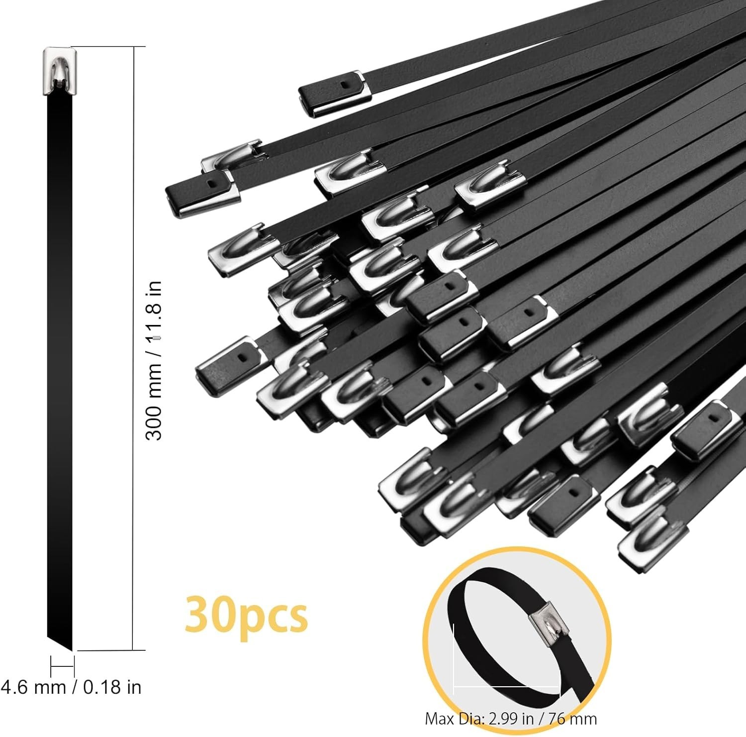 Metal Zip Ties Black 11.8In Stainless Steel Zip Ties Heavy Duty, 270LBS Tensile