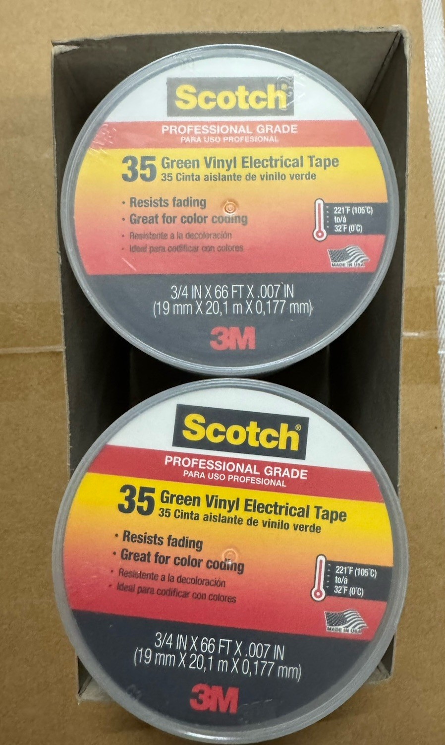 (50 Rolls) 3M 35 Pro Grade Scotch Vinyl Electrical Tape, 3/4 in x 66 ft, Green