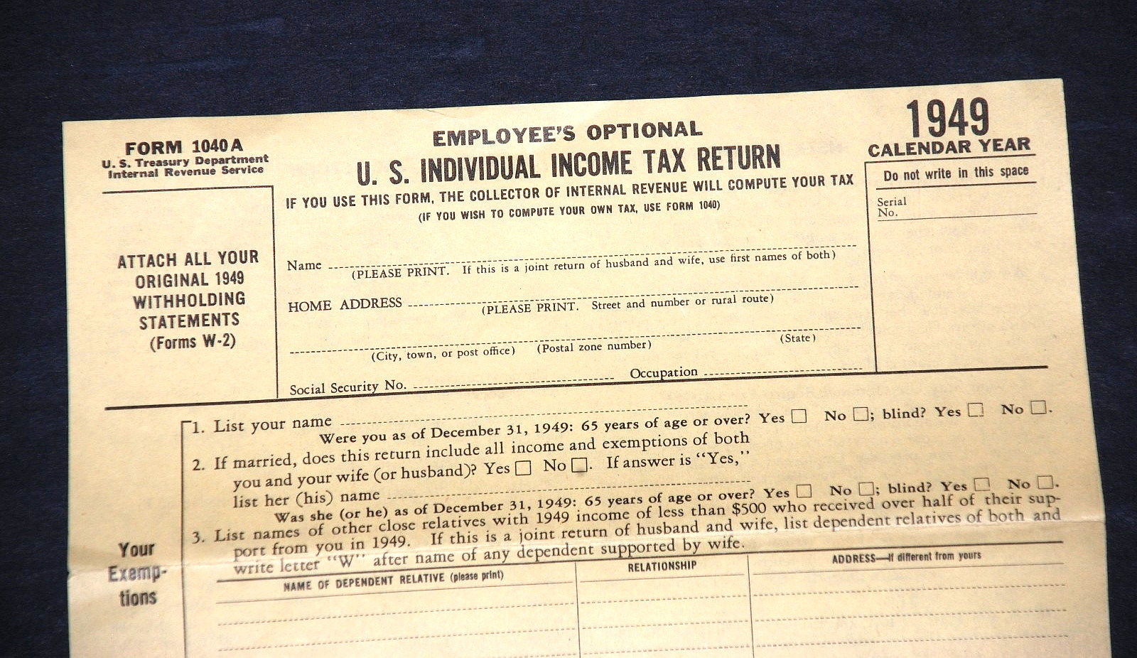United States U.S. INDIVIDUAL INCOME TAX RETURN Form 1040A Unused IRS VTG 1949