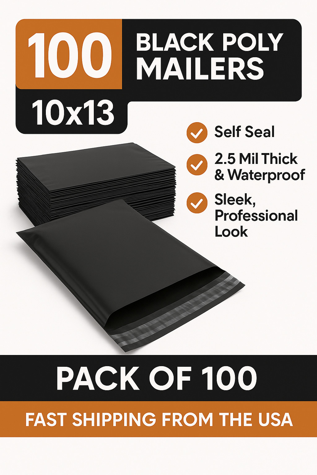 Black Poly Mailers 10×13 Self Seal Shipping Bags Envelopes 2.5 Mil Thick Durable