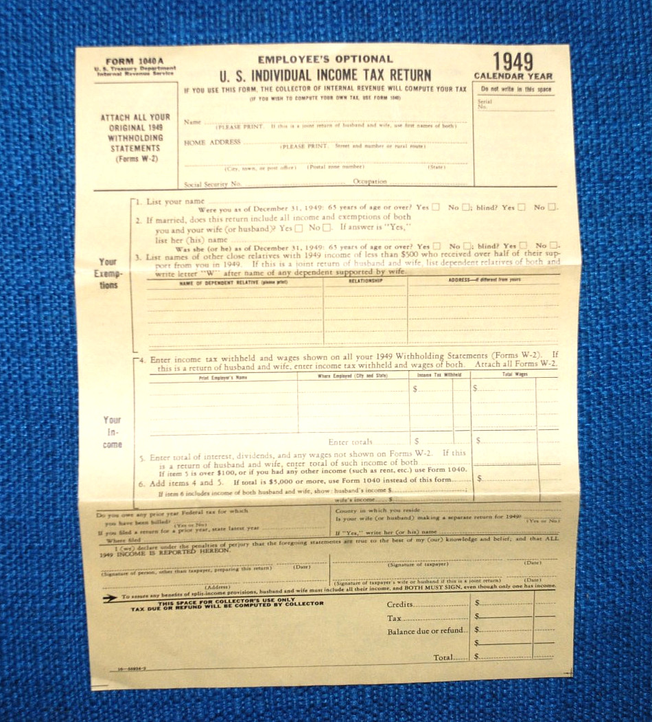 United States U.S. INDIVIDUAL INCOME TAX RETURN Form 1040A Unused IRS VTG 1949