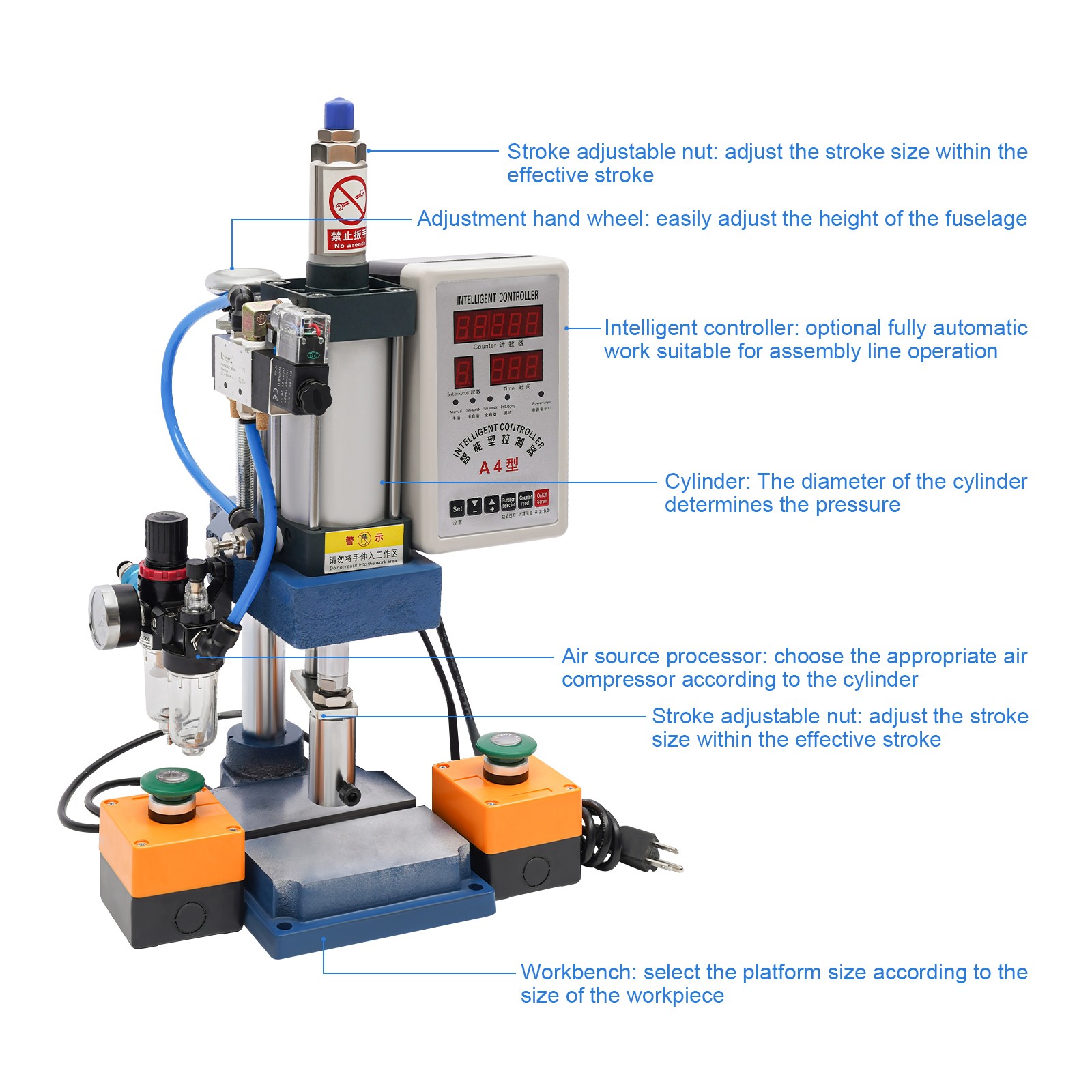 440lb Pneumatic Punch Press Machine Punch Die Hole Φ0.63in Controller 2 Buttons