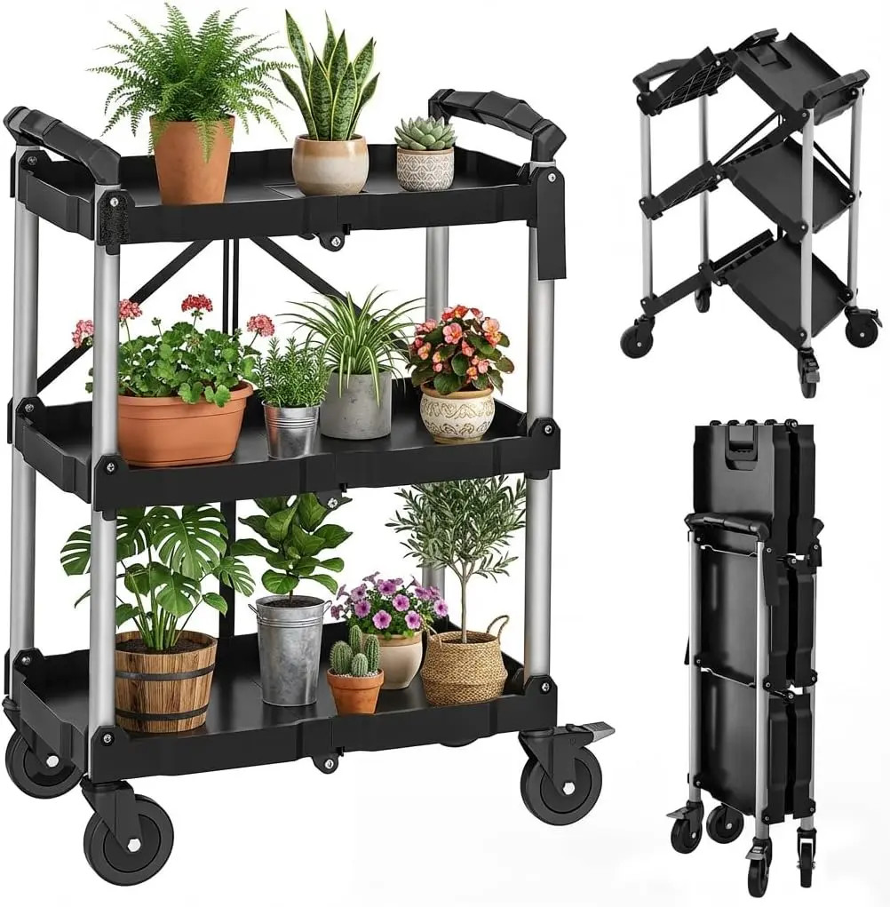 300 LBS Folding Service Cart 3 Tier Portable Cart w/Wheels&Tool Side Mount Strap
