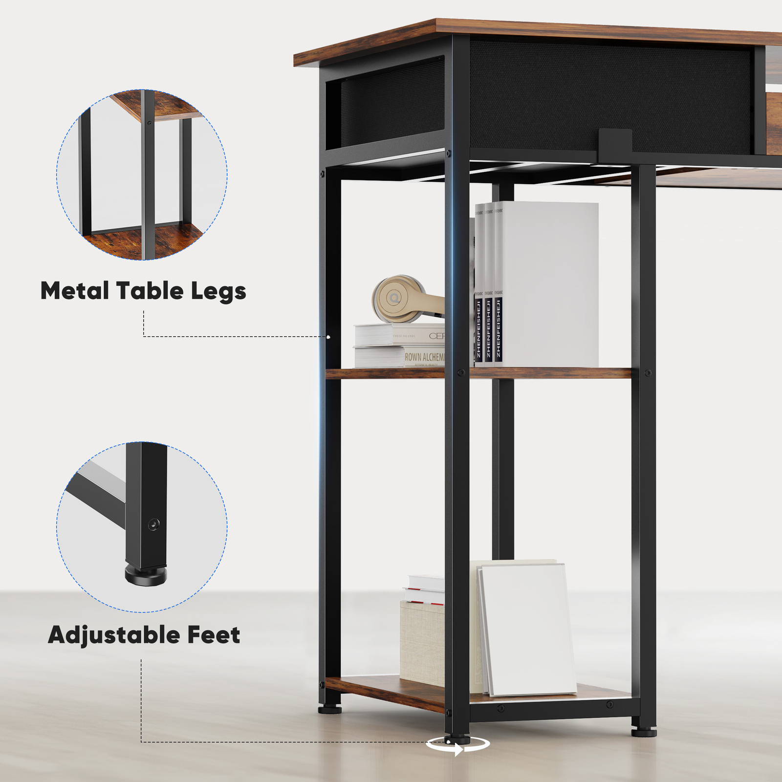 Computer Desk Home Office Table with PC Stand, Fabric Drawers Headphone Hook