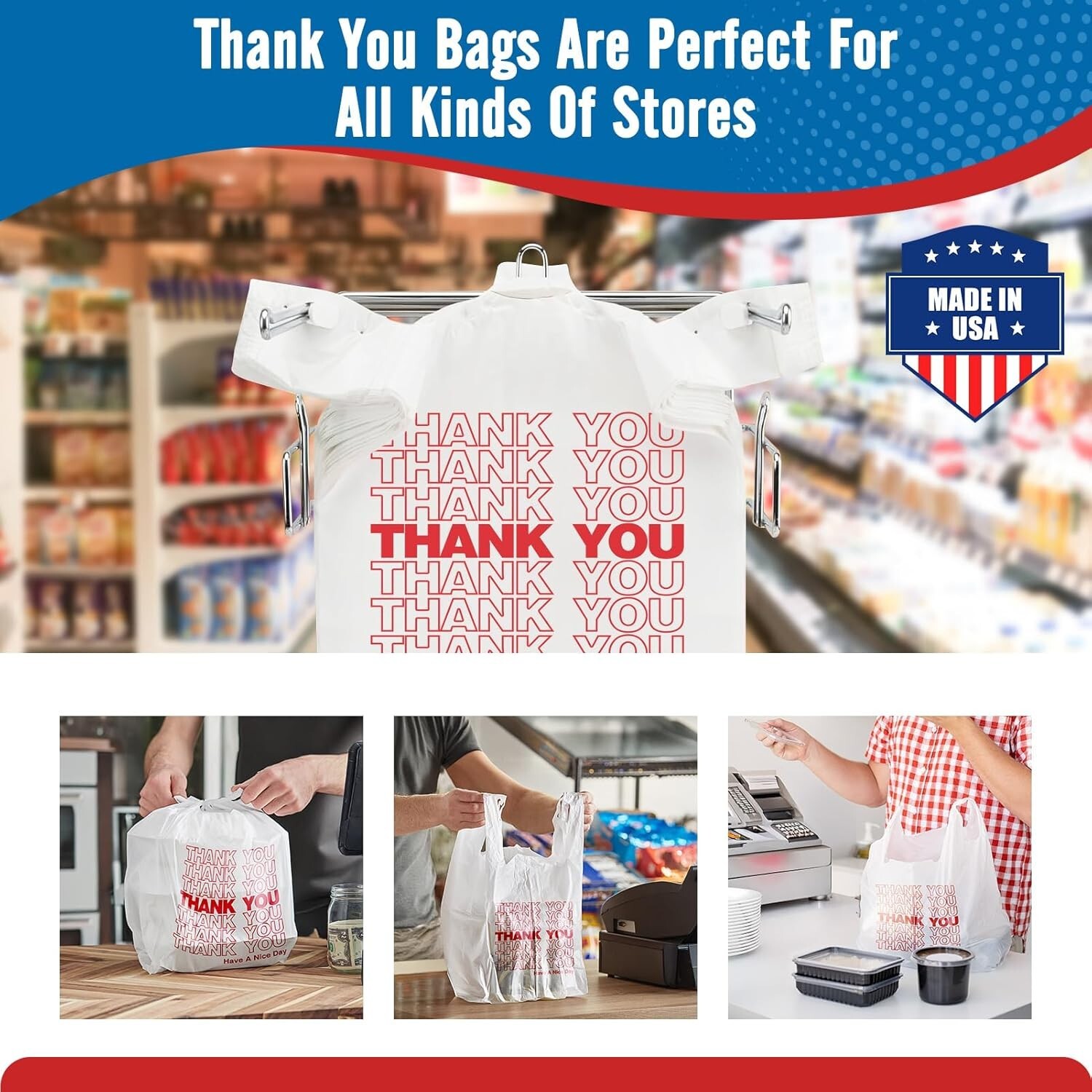 1000 Thank You T-Shirt Bags 12″ x 6.5″ x 21″, Plastic Grocery Shopping Bags