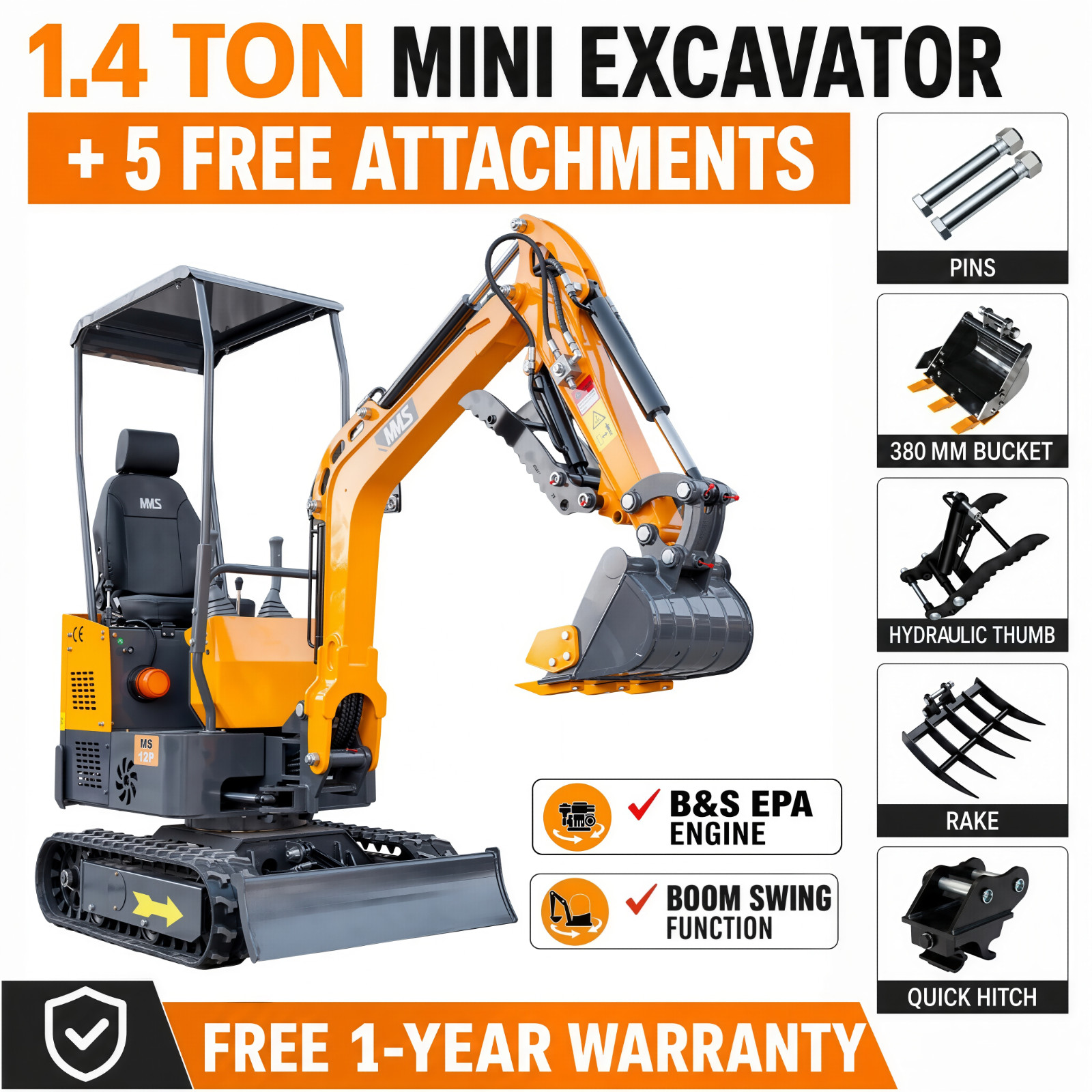 FREE SHIP 1.4Ton Mini Excavator With B&S EPA Engine Swing Boom+5 ATTACHMENT