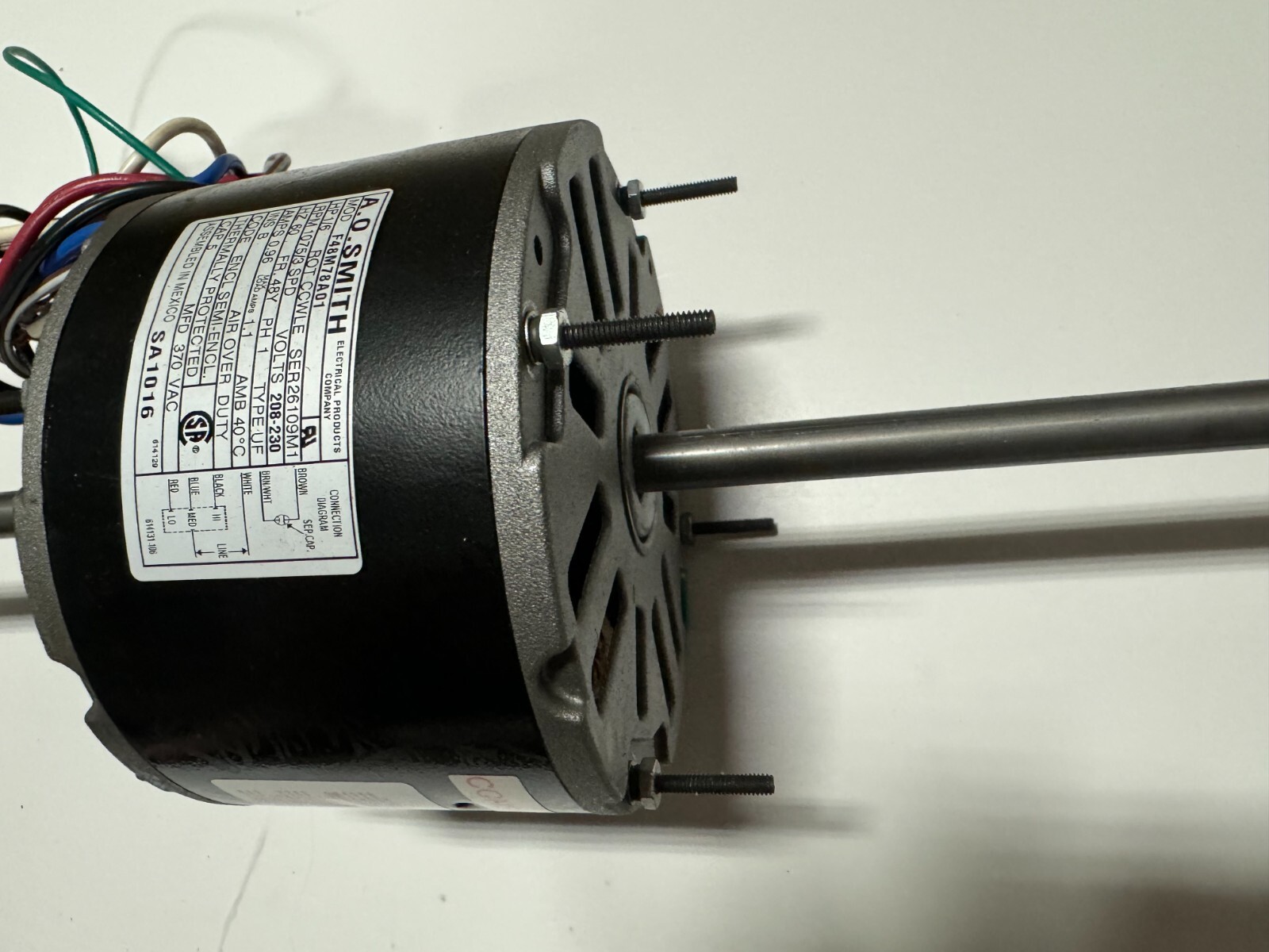 AO Smith SA1016 F48M78A01 1/6 HP 1075 RPM .96 AMP 208V-230V 3 Spd Electric Motor