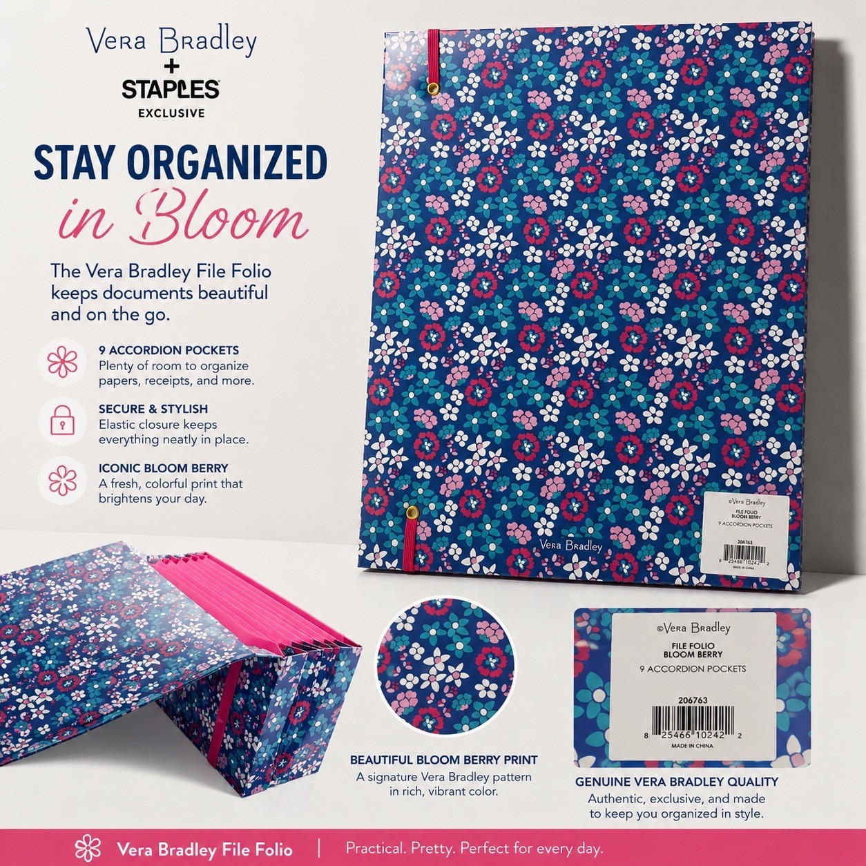 NEW Vera Bradley Staples Bloom Berry File Folio 9 Pocket Accordion Organizer