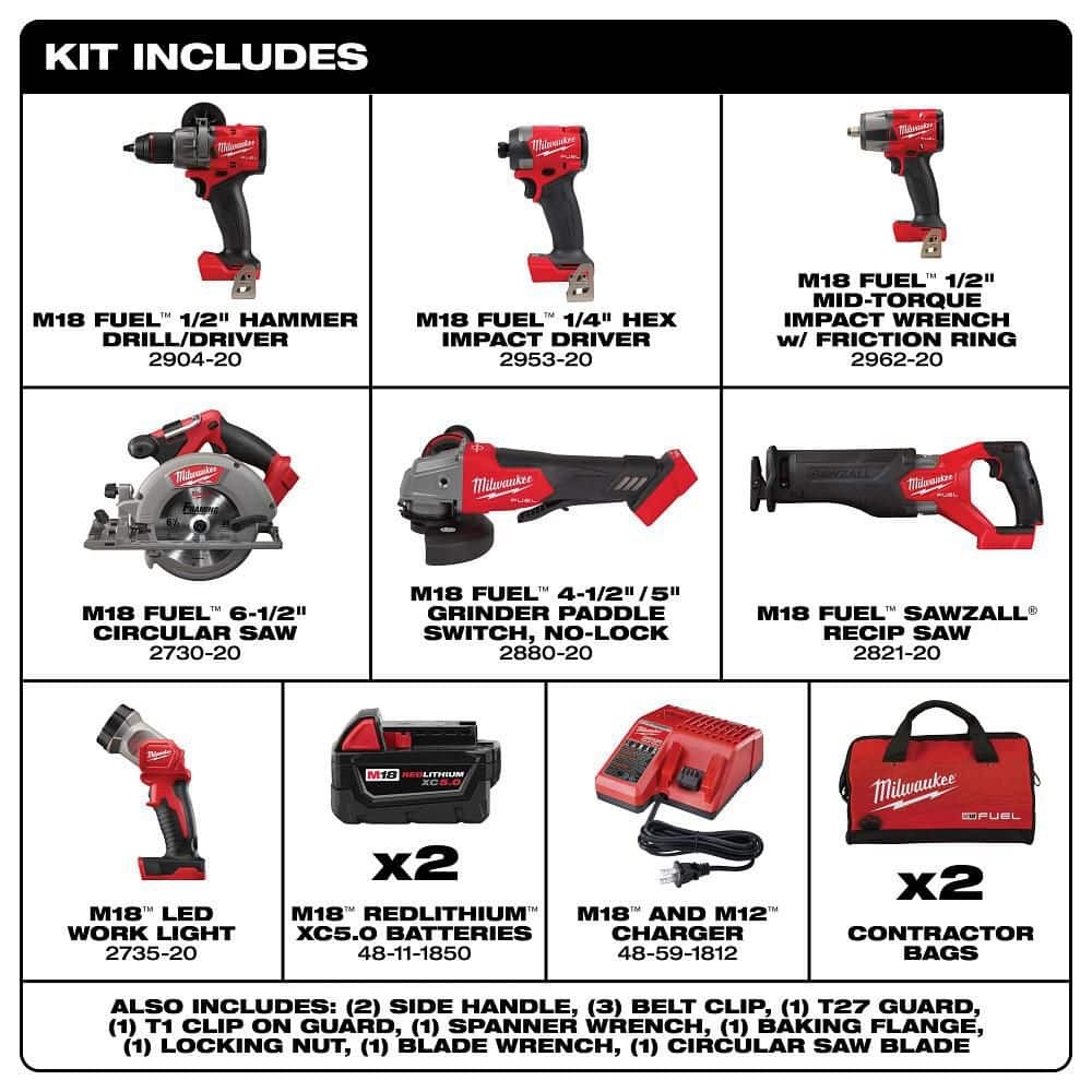 Milwaukee M18 FUEL 18V Lithium-Ion Brushless Cordless Kit w/ 2x 5.0 Ah Batteries