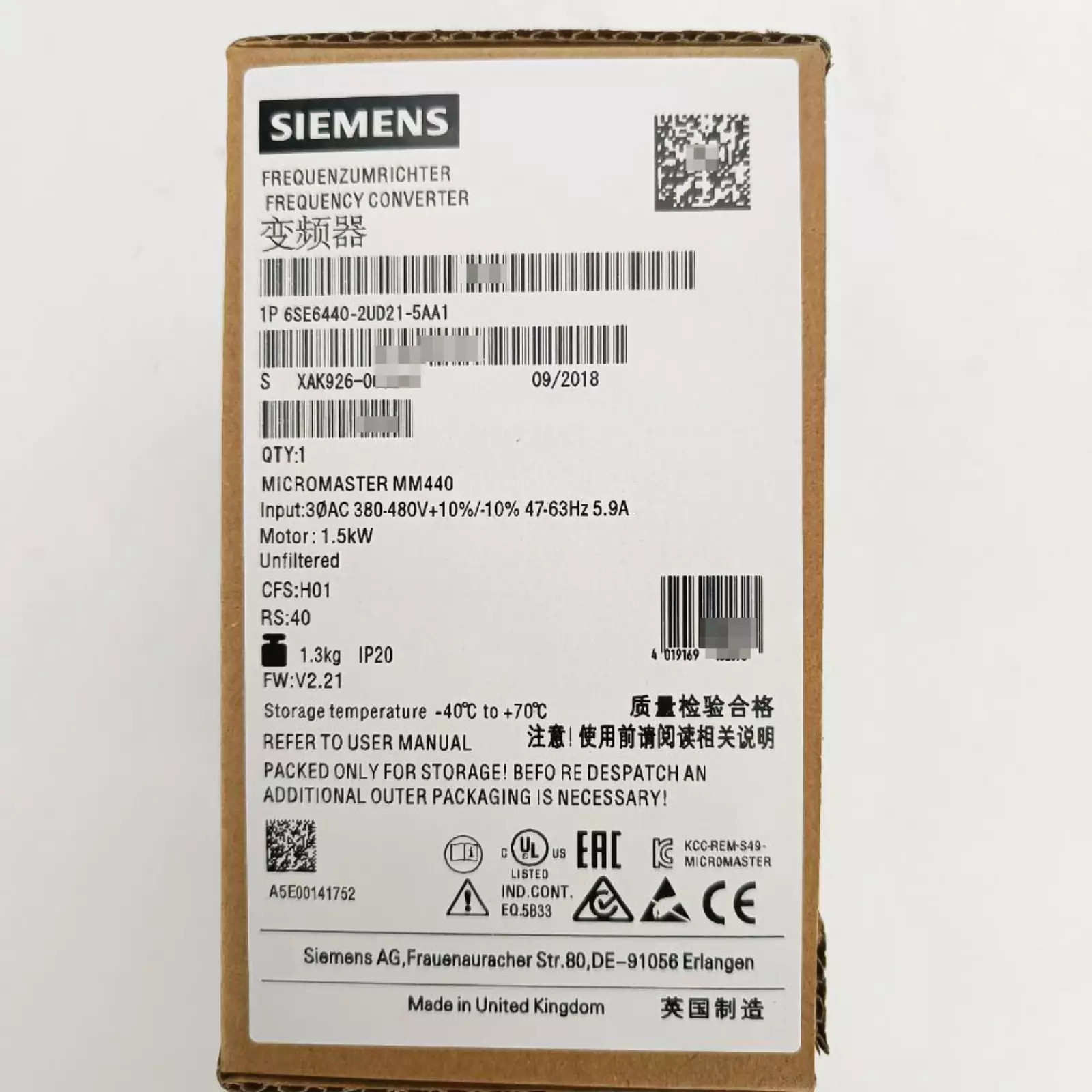 1PCS New SIEMENS 6SE6440-2UD21-5AA1 6SE6440-2UD21-5AA1 – US Stock