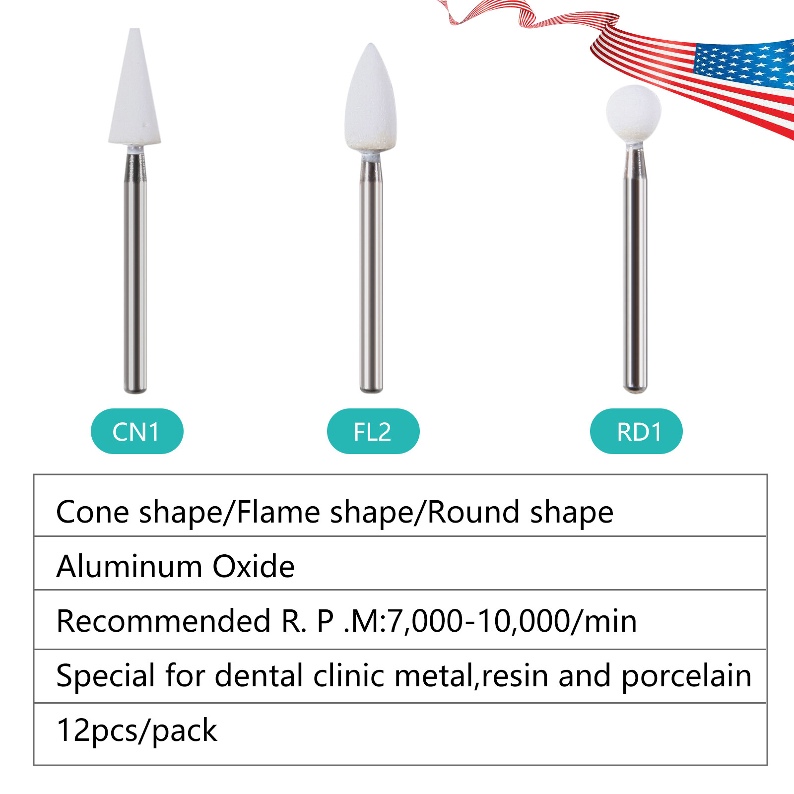 Dental White Stone High Speed Polishing Burs Cone/Flame/Round Aluminum Oxide