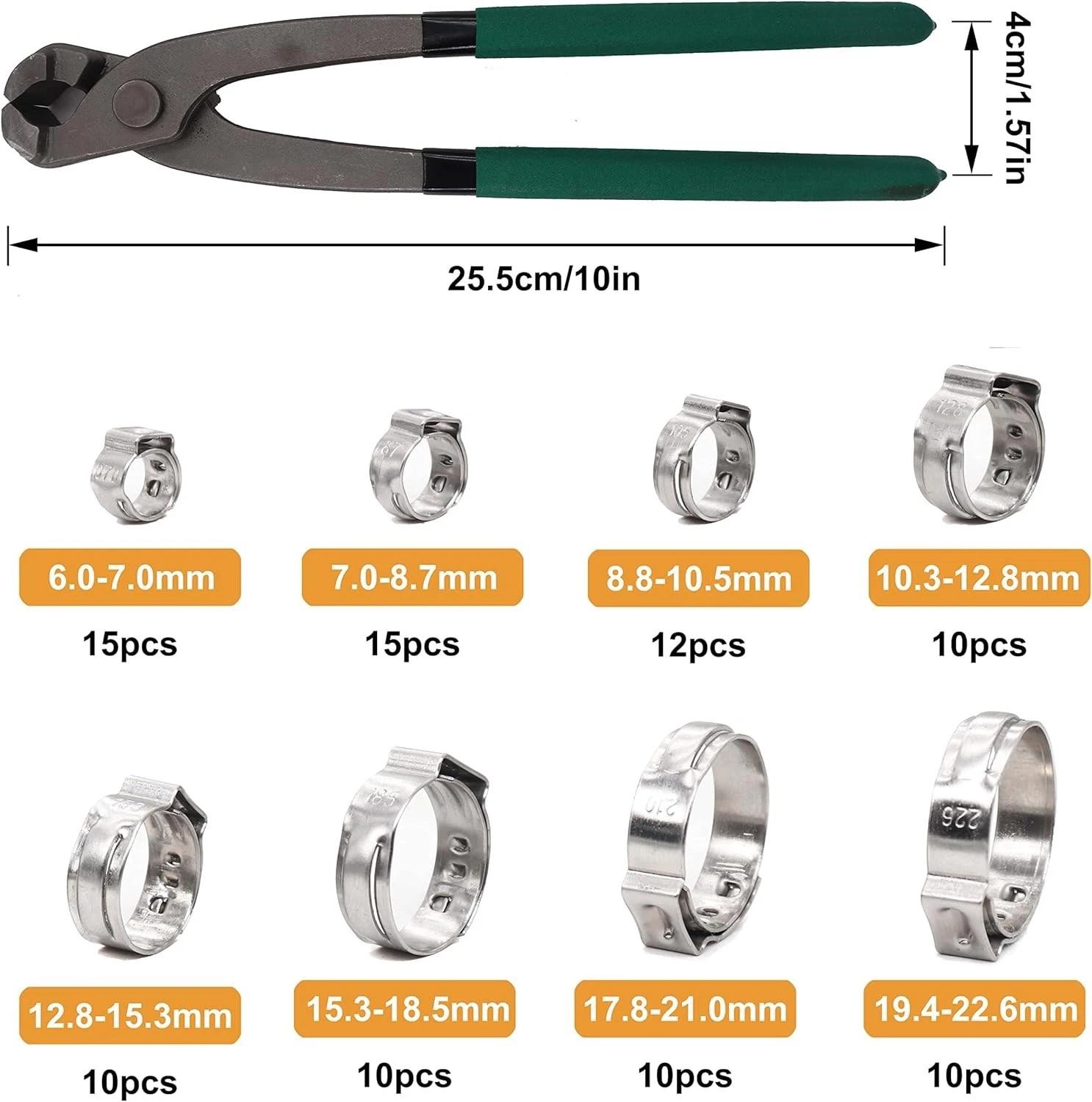 92pcs Single Ear Oetiker Hose Clamps 6-22.6mm W Plier Gloves Stainless Steel Kit