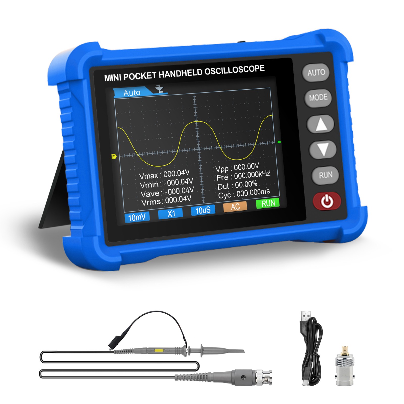 Handheld Digital Oscilloscope, 500kHz Bandwidth, 2.5MS/s, 2.8″ LCD, Auto Setup