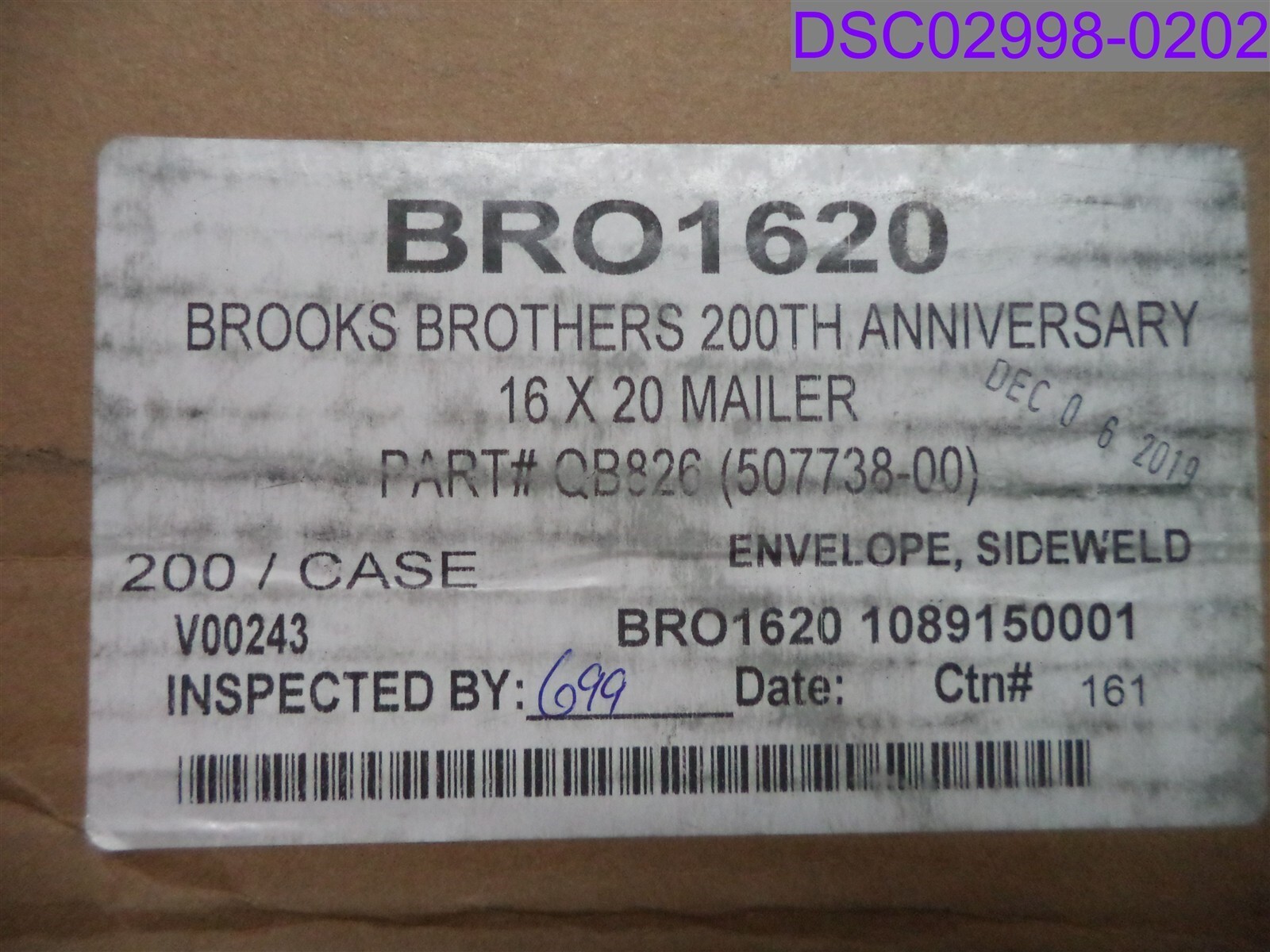 Qty=1 Box of 200: Brooks Brothers 200th Anniversary 16″ x 20″ Mailer Bag BRO1620