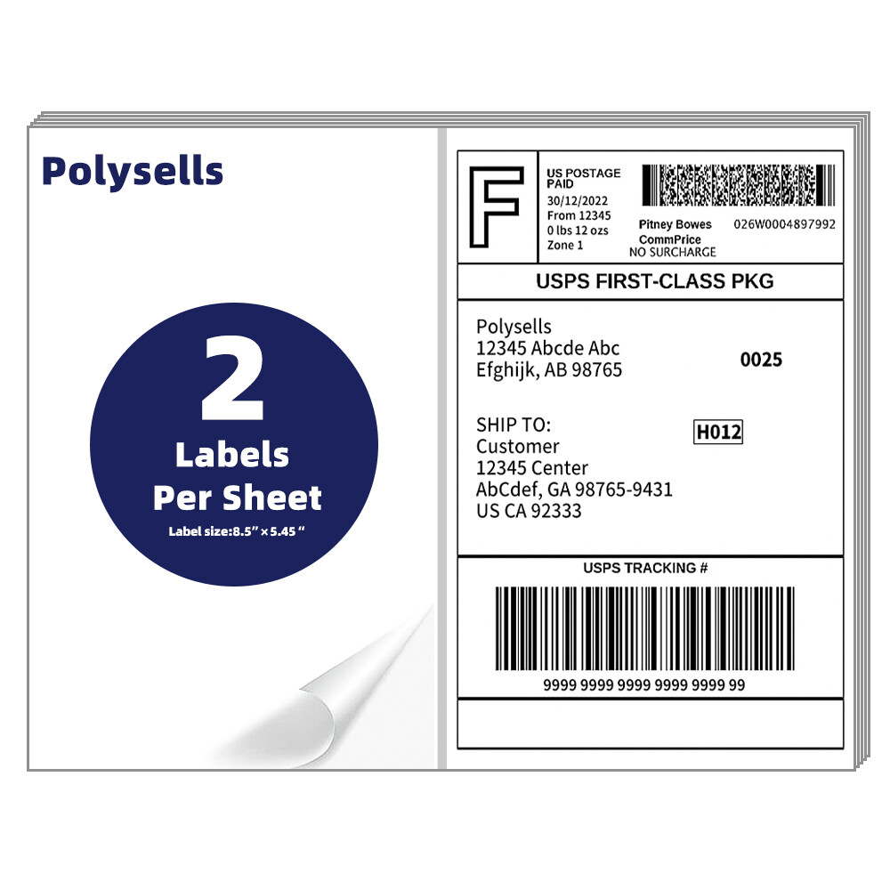 Shipping Labels 8.5×5.5 half sheet Self Adhesive 2 Per Sheet POLYSELLS 2UP