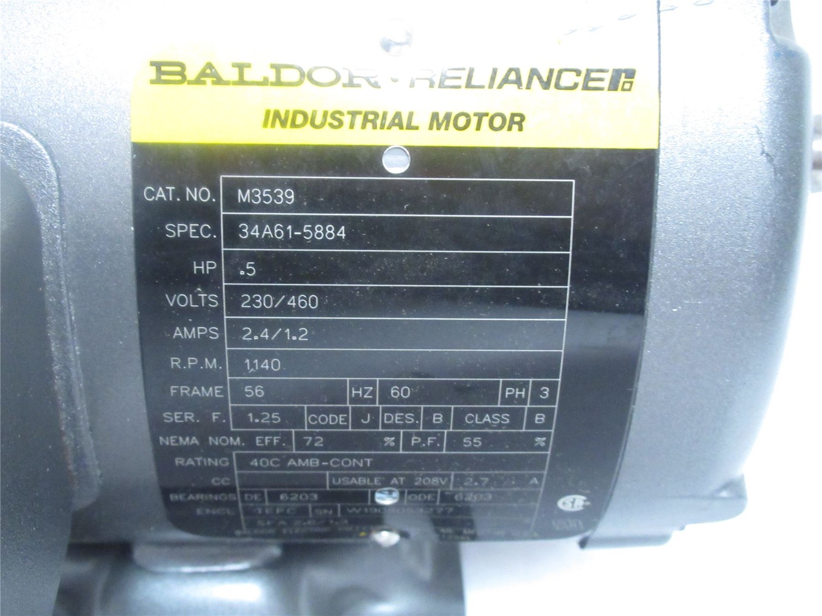 236240 Old-Stock; Baldor M3539 AC Motor 1/2HP ; 230/460V ; 1140RPM ; 3PH