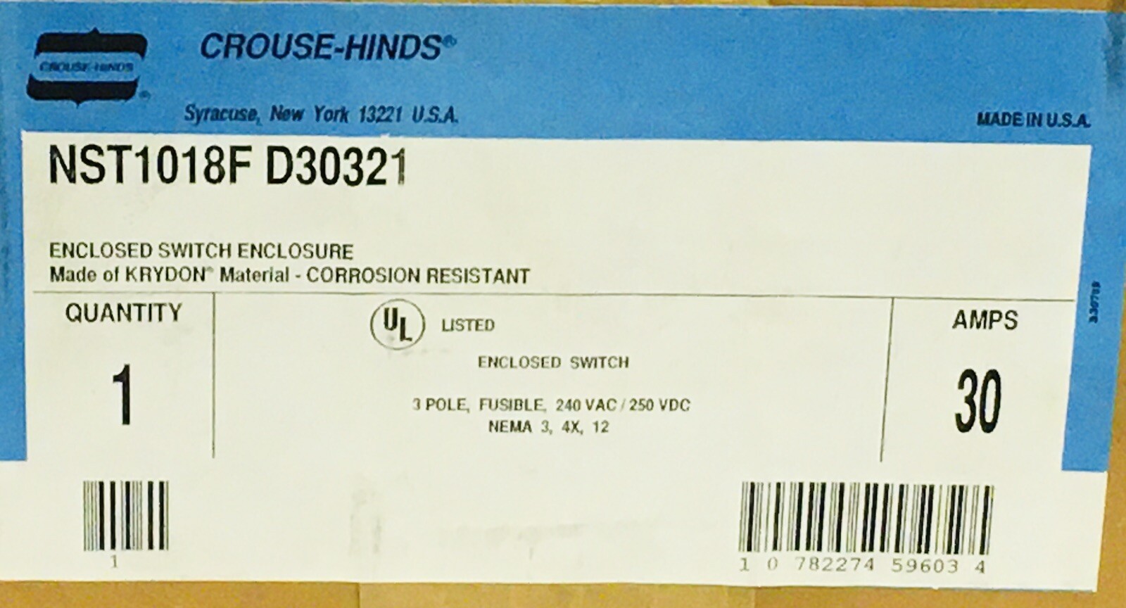 CROUSE HINDS NST1018F-D30321 30 AMP 240VAC FUSIBLE DISCONNECT SWITCH NEW IN BOX!