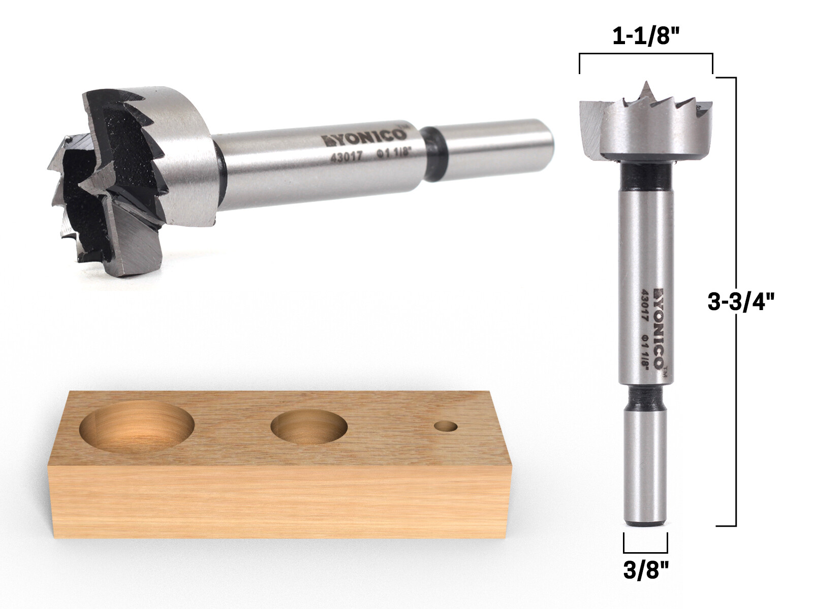 1-1/8″ Diameter Steel Forstner Drill Bit – 3/8″ Shank – Yonico 43017S