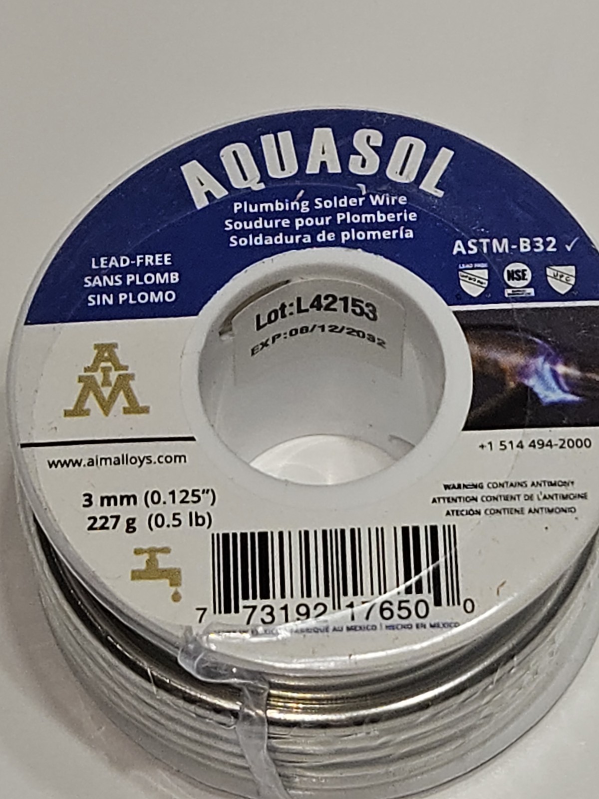 AIM Aquasol Lead Free Plumbing Solder 3mm (0.125 Inch) 227g (0.5lb)