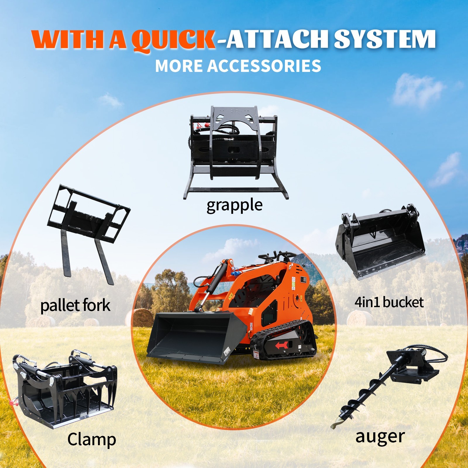 New 24HP Mini Skid Steer Loader 4-in-1 Bucket 3-Stage Pump Hydraulic System