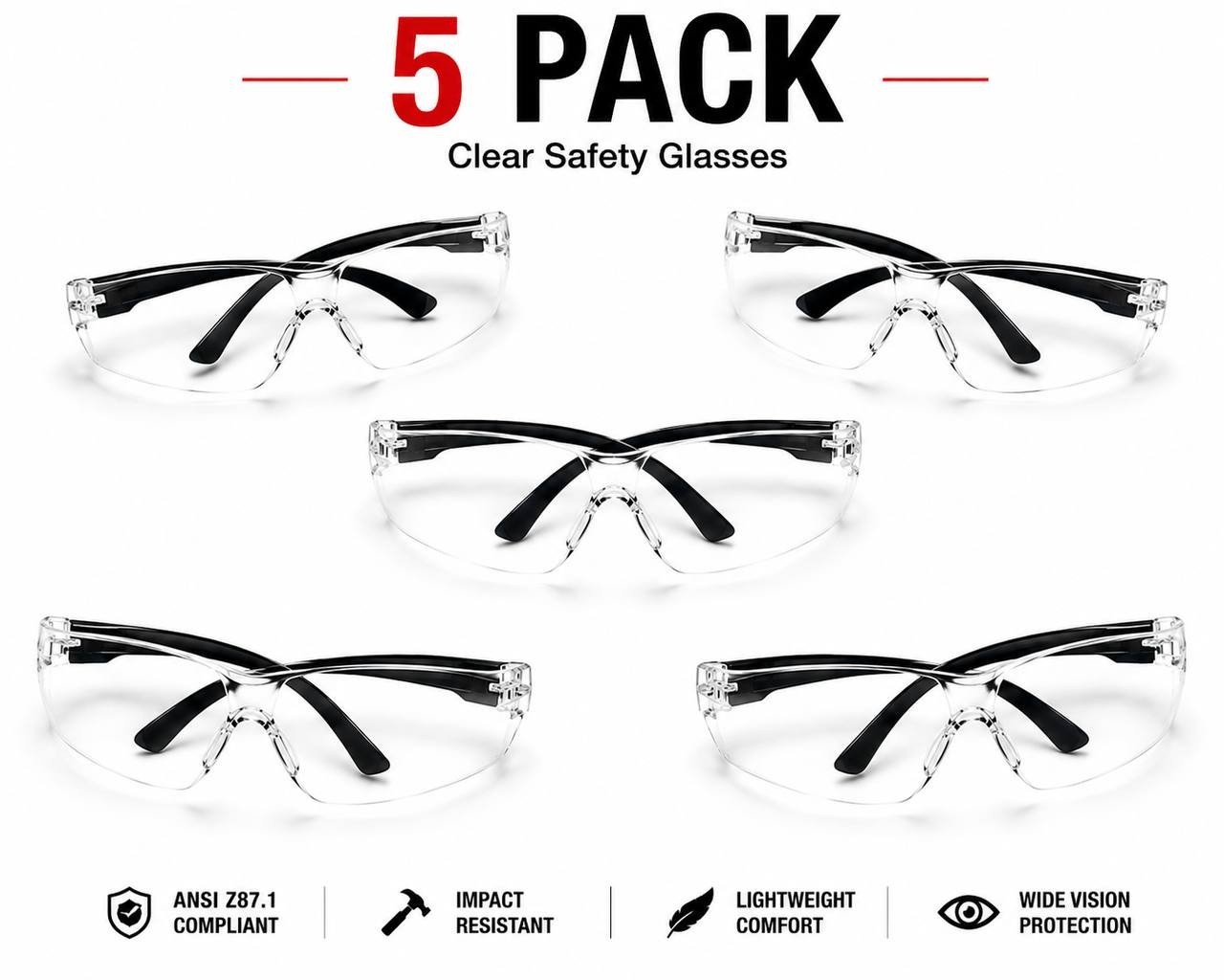 5 Pack Clear Safety Glasses ANSI Z87.1 Protective Eyewear Anti Fog Anti Scratch